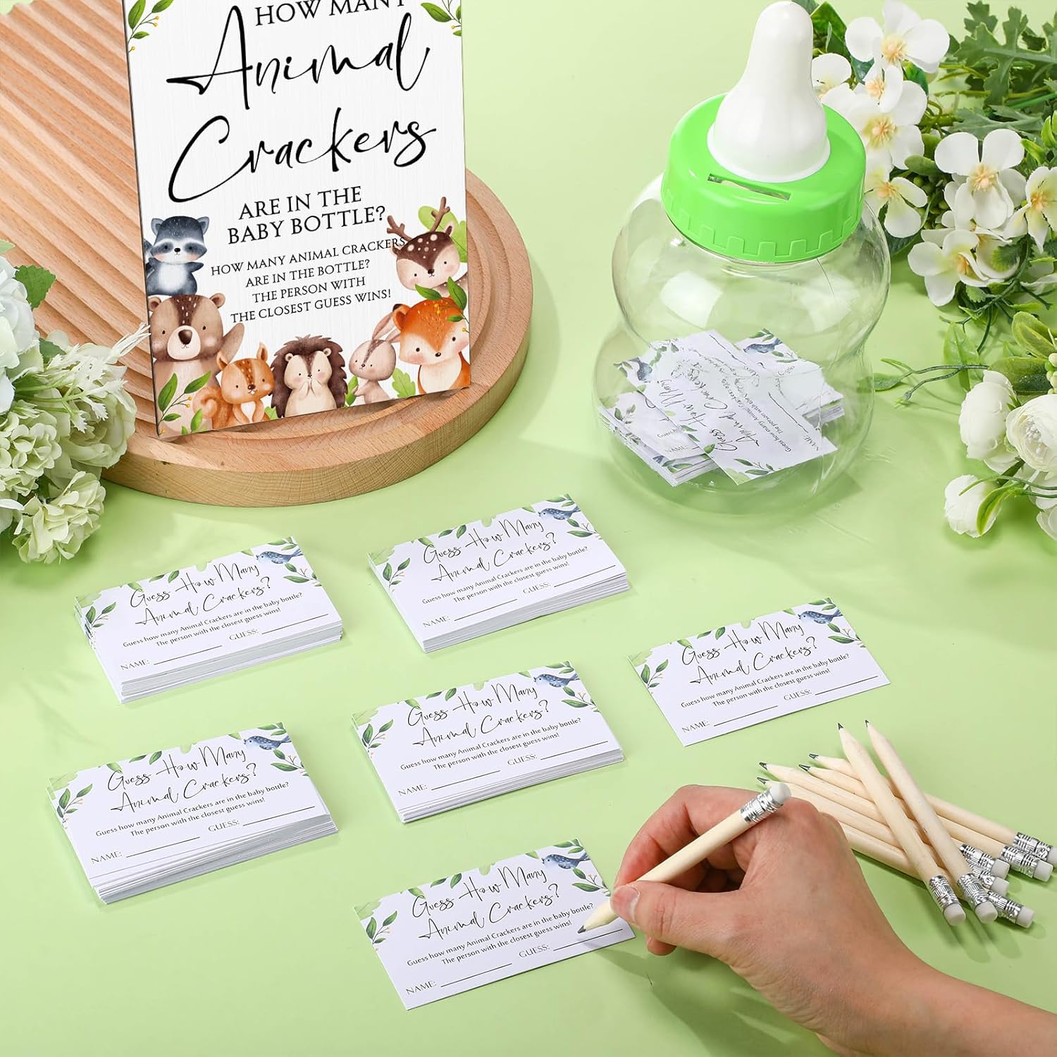 122 Pcs Baby Shower Bottle Games Guess How Many Animal Crackers Watercolor Woodland Sign 100 Guessing Cards Milk Bottle 20 Pencils For Guests Birthday Baby Shower Gender Reveal Funny Party