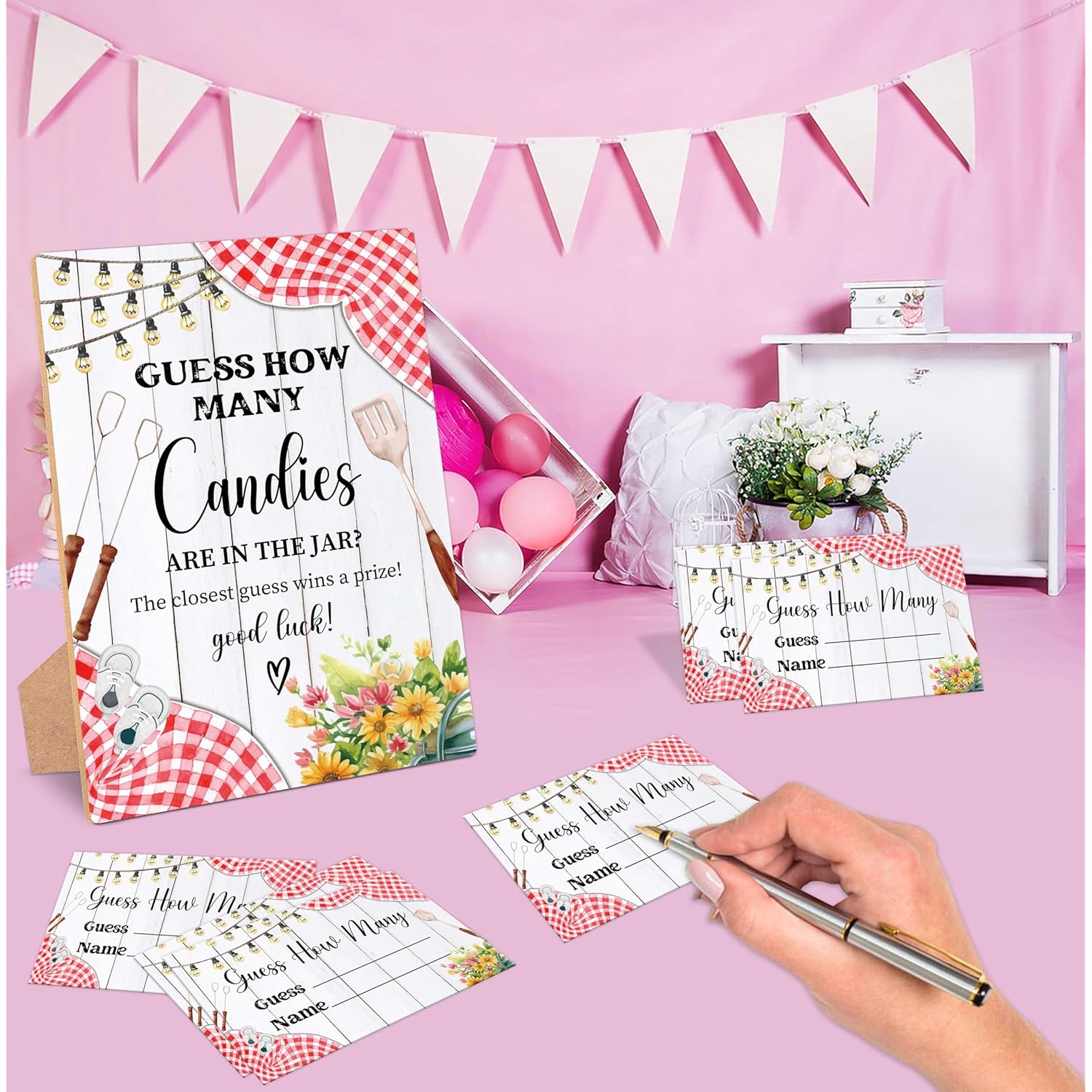 Bbq Guess How Many Candies Are In The Jar Game, Pack Of 1 Wooden Tabletop Sign With Stand And 50 Guessing Cards, Backyard Baby Shower Game, Gender Reveal Party Decorations - Wv13