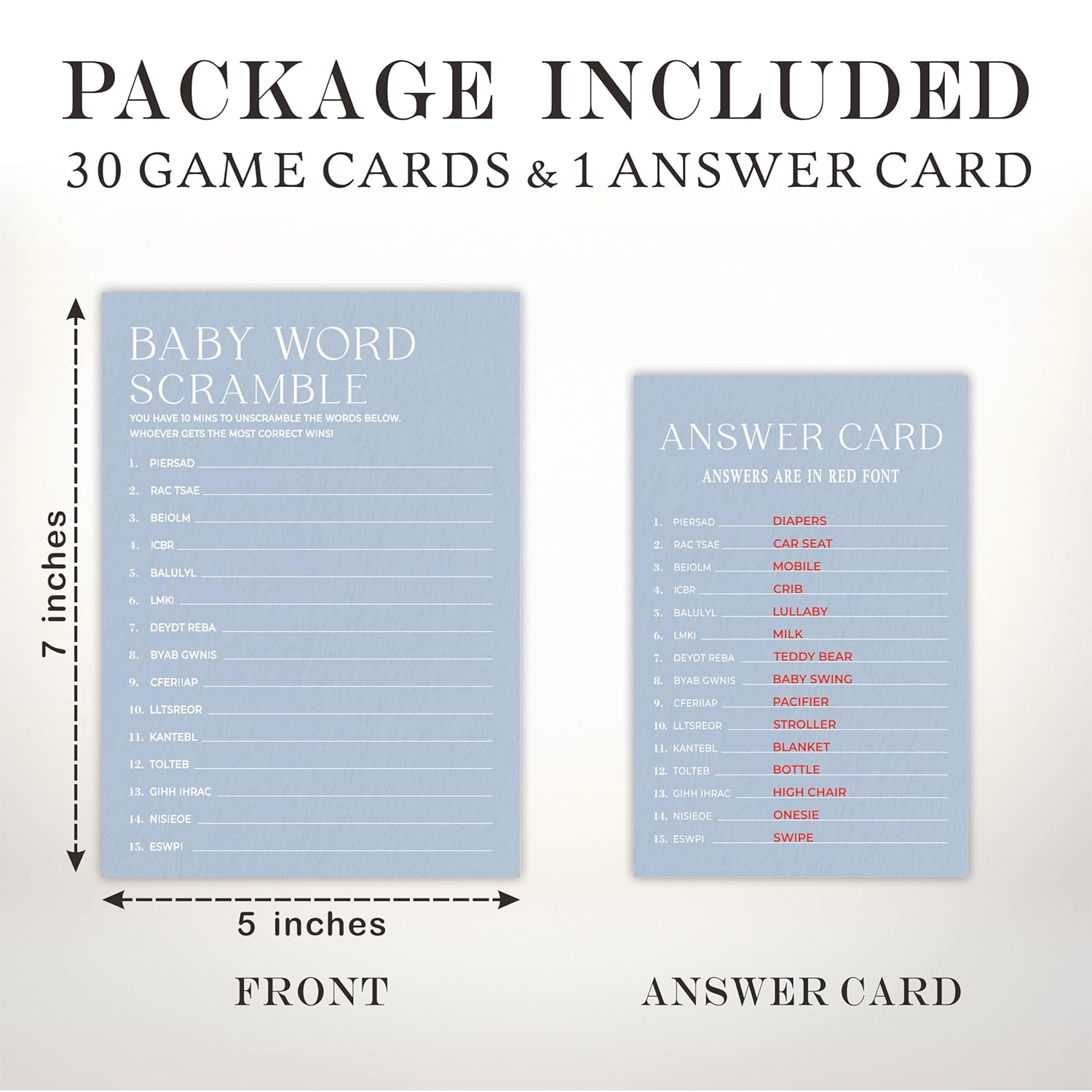 Baby Word Scramble Game Kits For Baby Shower - Minimalism Sky Blue - 30 Fill In The Blank Game Cards With 1 Answer Card Each Set, Gender Reveal, Gender Neutral?Party Favor & Decor - B07