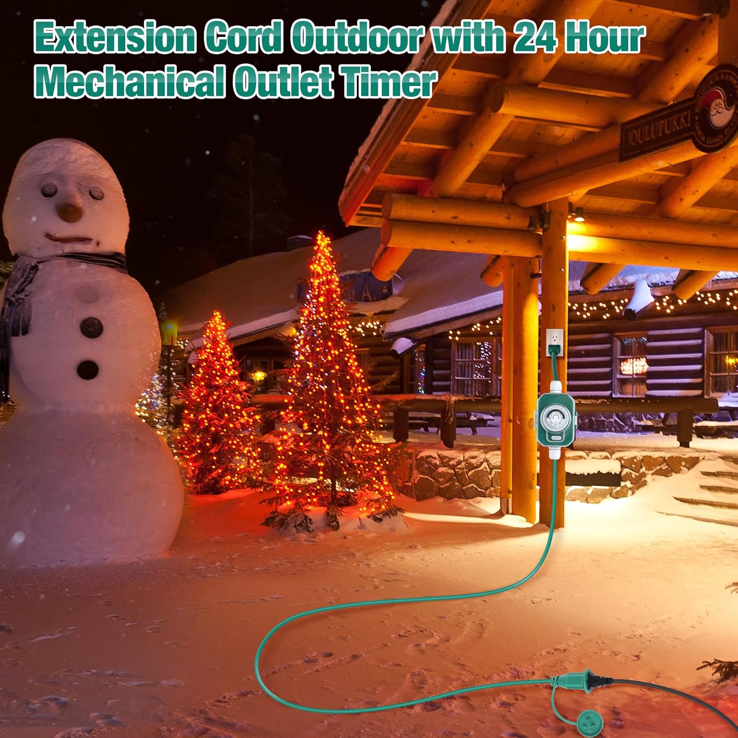 20 Ft Outdoor Extension Cord With Timer, Halloween Christmas Green Extension Cord, 16Awg Sjtw Cable With Weatherproof Covers For Christmas Lights Holiday Landscaping Decorations