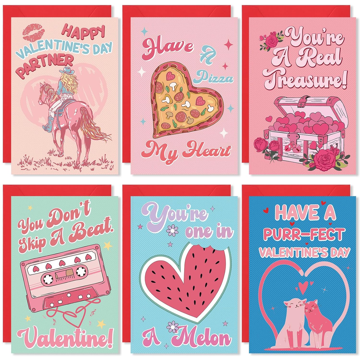 24 Pack Valentines Day Cards, Funny Valentines Card With Envelopes & Stickers, 6 Designs Valentine Cards For Kids Classroom, School, Adults, Family, Friends, Happy Love Notes For Him & Her