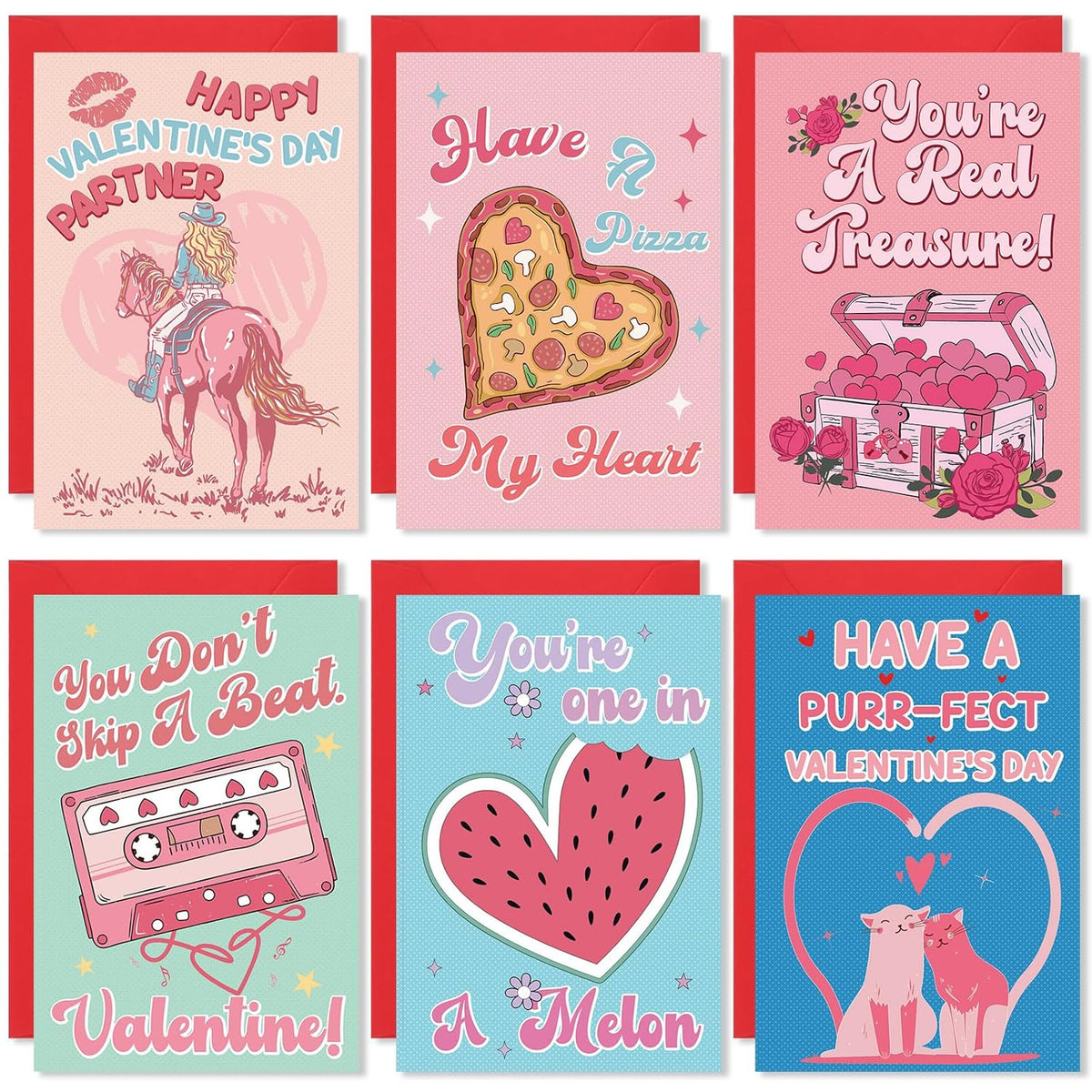 24 Pack Valentines Day Cards, Funny Valentines Card With Envelopes & Stickers, 6 Designs Valentine Cards For Kids Classroom, School, Adults, Family, Friends, Happy Love Notes For Him & Her