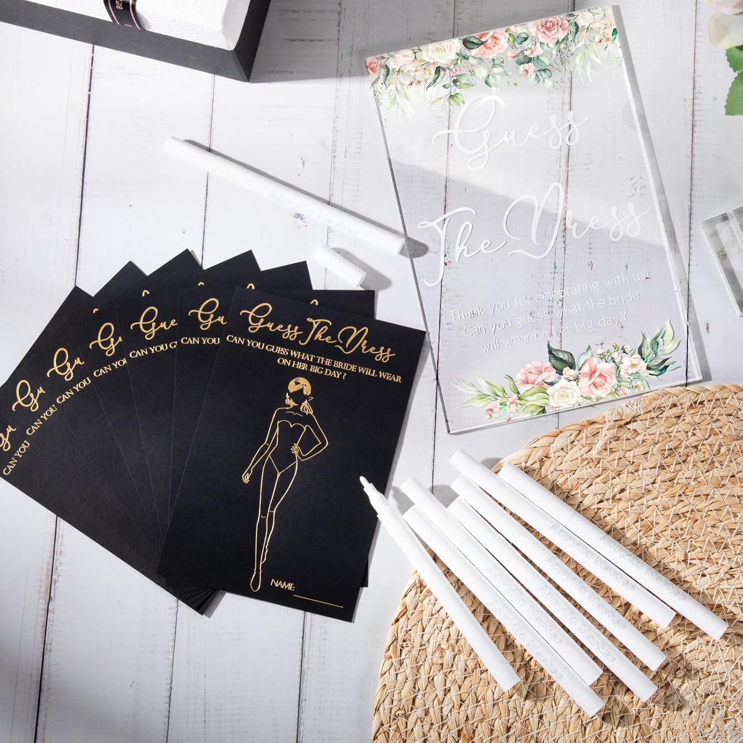 Guess The Dress Bridal Shower Game Acrylic Sign Fun Table Sign 50 Guessing Cards 20 White Acrylic Pens For Guests Wedding Party (Floral)
