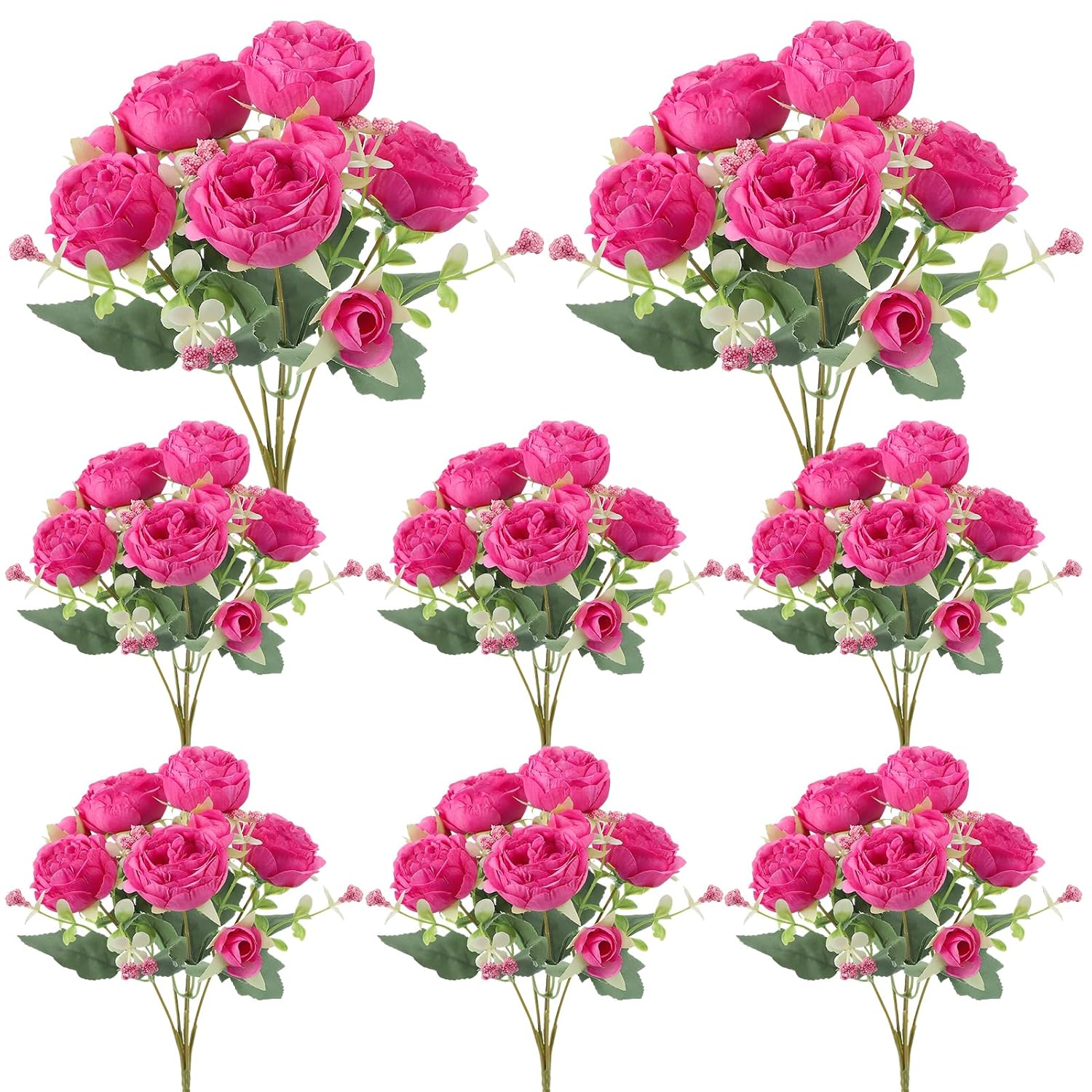 8 Pack Hot Pink Peonies Artificial Flowers, Fake Silk Hydrangea Bouquet For Bridal Wedding Home Table Decor Reusable Dining Opening Ceremony Birthday Arrangement Faux Floral