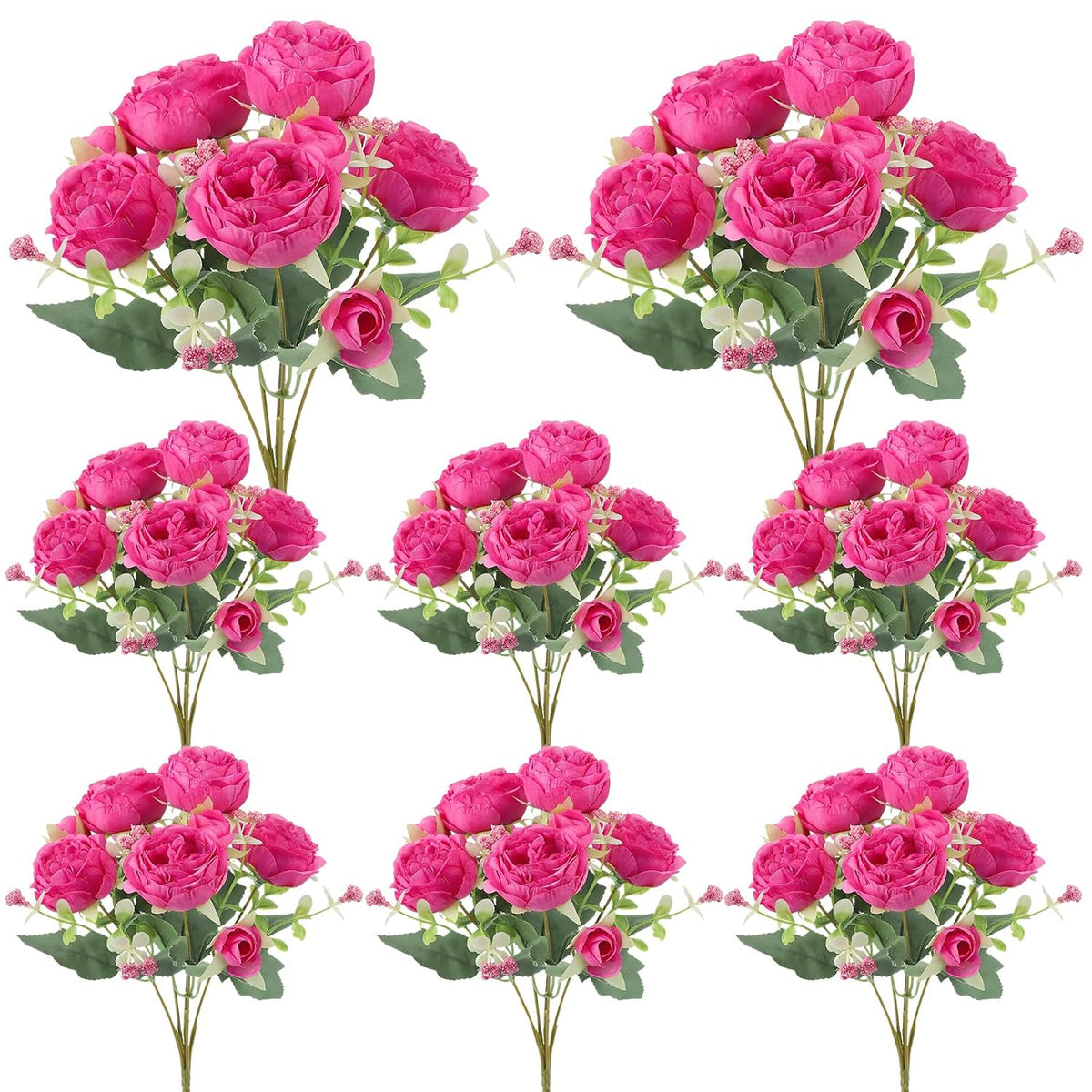 8 Pack Hot Pink Peonies Artificial Flowers, Fake Silk Hydrangea Bouquet For Bridal Wedding Home Table Decor Reusable Dining Opening Ceremony Birthday Arrangement Faux Floral