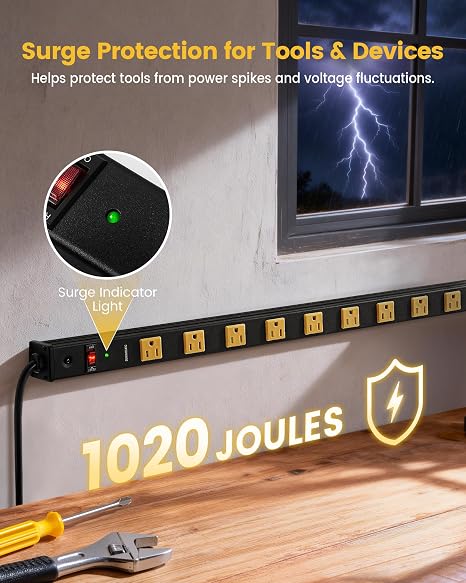 2-Pack 12 Outlet Metal Power Strip Surge Protector with 15 ft 14AWG Cord and 1020 Joules