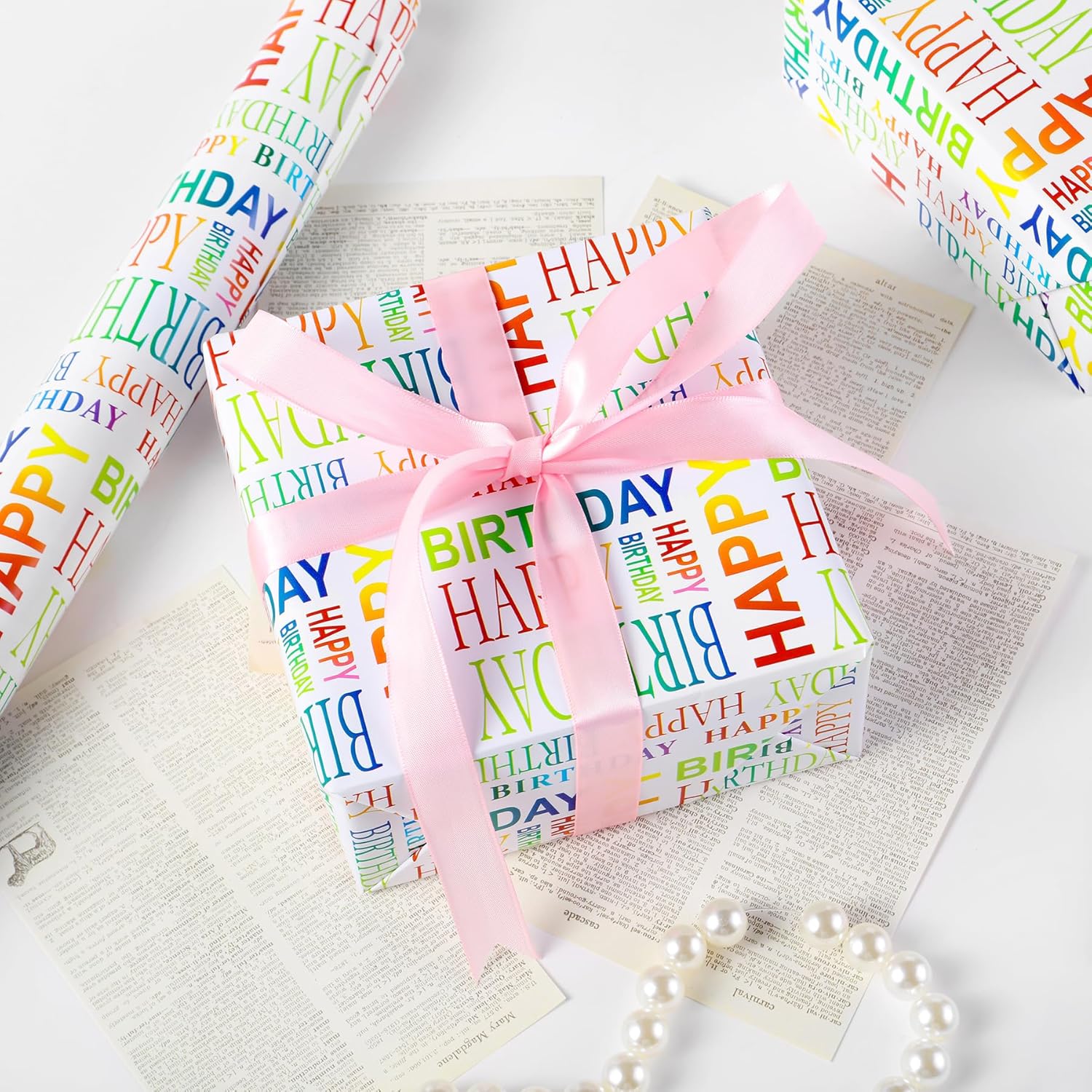 Happy Birthday Wrapping Paper Roll, 17 Inch X 32.8 Feet, Colorful Text Happy Birthday Design Gift Wrap For Birthday, Gift Packaging, Baby Shower, Holiday, Party