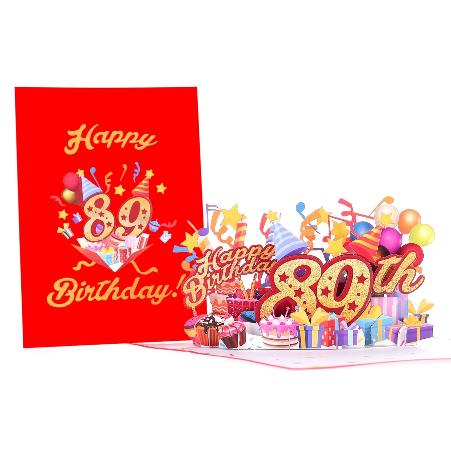 3D Pop Up Happy 89Th Birthday Card – Red Design With Glitter Numbers, Balloons, Cakes & Gifts – Unique Bday Card For Dad, Mom, Husband, Wife, Man Or Woman – 5" X 7"