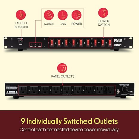15A 9 Outlet Power Strip 6FT Cord 1800J Surge Protector 1U Steel Rack Mount