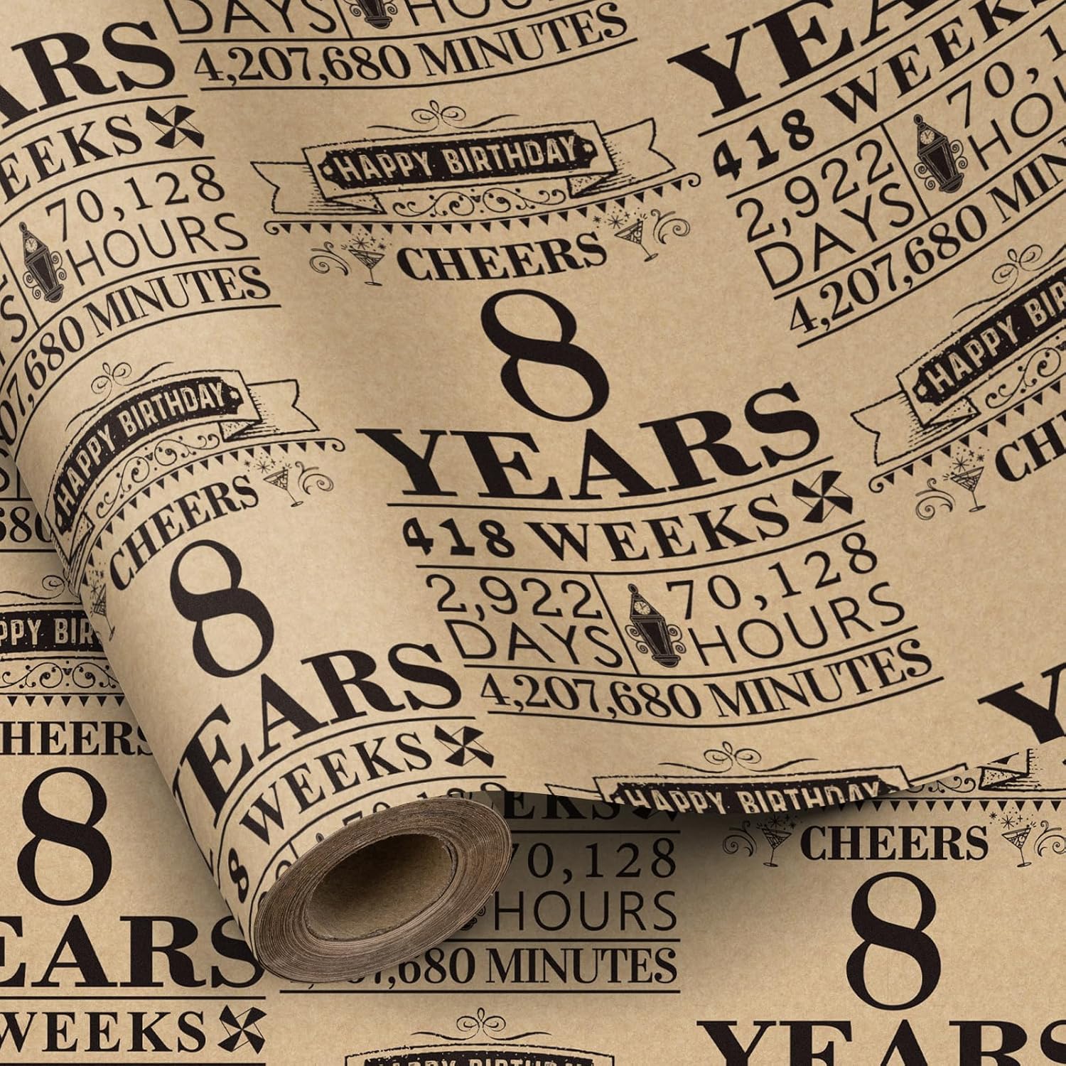 Kraft Birthday Wrapping Paper Roll, Mini Roll, Black Cheers 8 Years Design With Weeks, Days, Hours, Minutes Print, Vintage Gift Wrap For Boys Girls, 8Th Birthday Party, 17 Inches X 16.4 Feet