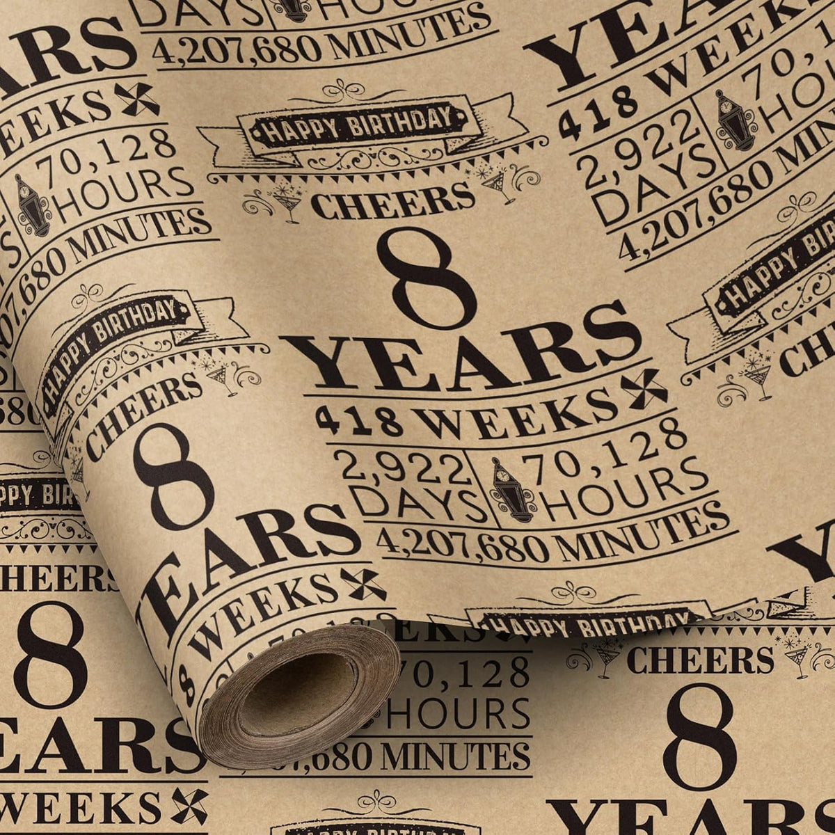 Kraft Birthday Wrapping Paper Roll, Mini Roll, Black Cheers 8 Years Design With Weeks, Days, Hours, Minutes Print, Vintage Gift Wrap For Boys Girls, 8Th Birthday Party, 17 Inches X 16.4 Feet
