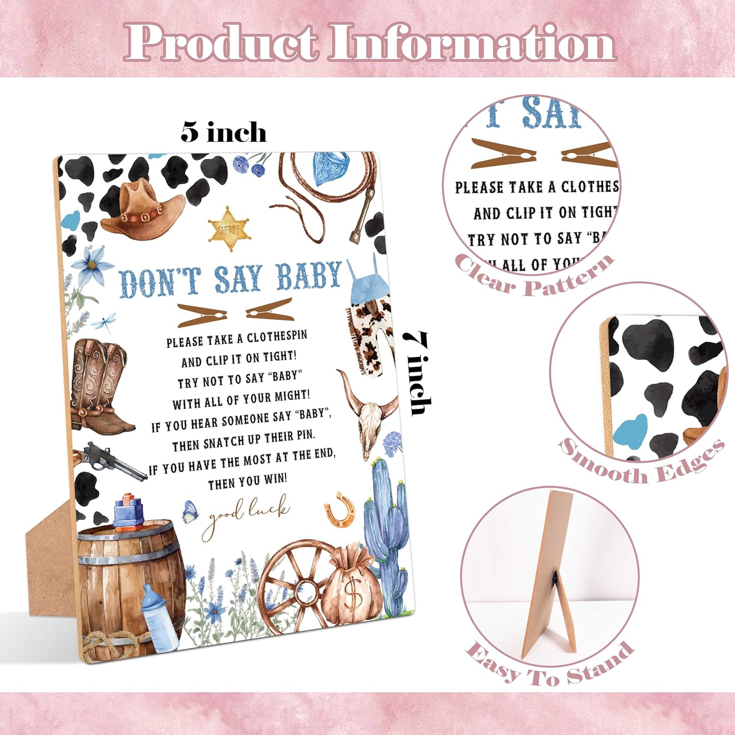 Cowboy Don'T Say Baby Clothespin Game, Pack Of 1 Wooden Tabletop Sign With Stand And 50 Mini Natural Clothespins, Wild West Rodeo Baby Shower Game, Gender Reveal Party Decorations - Qx11
