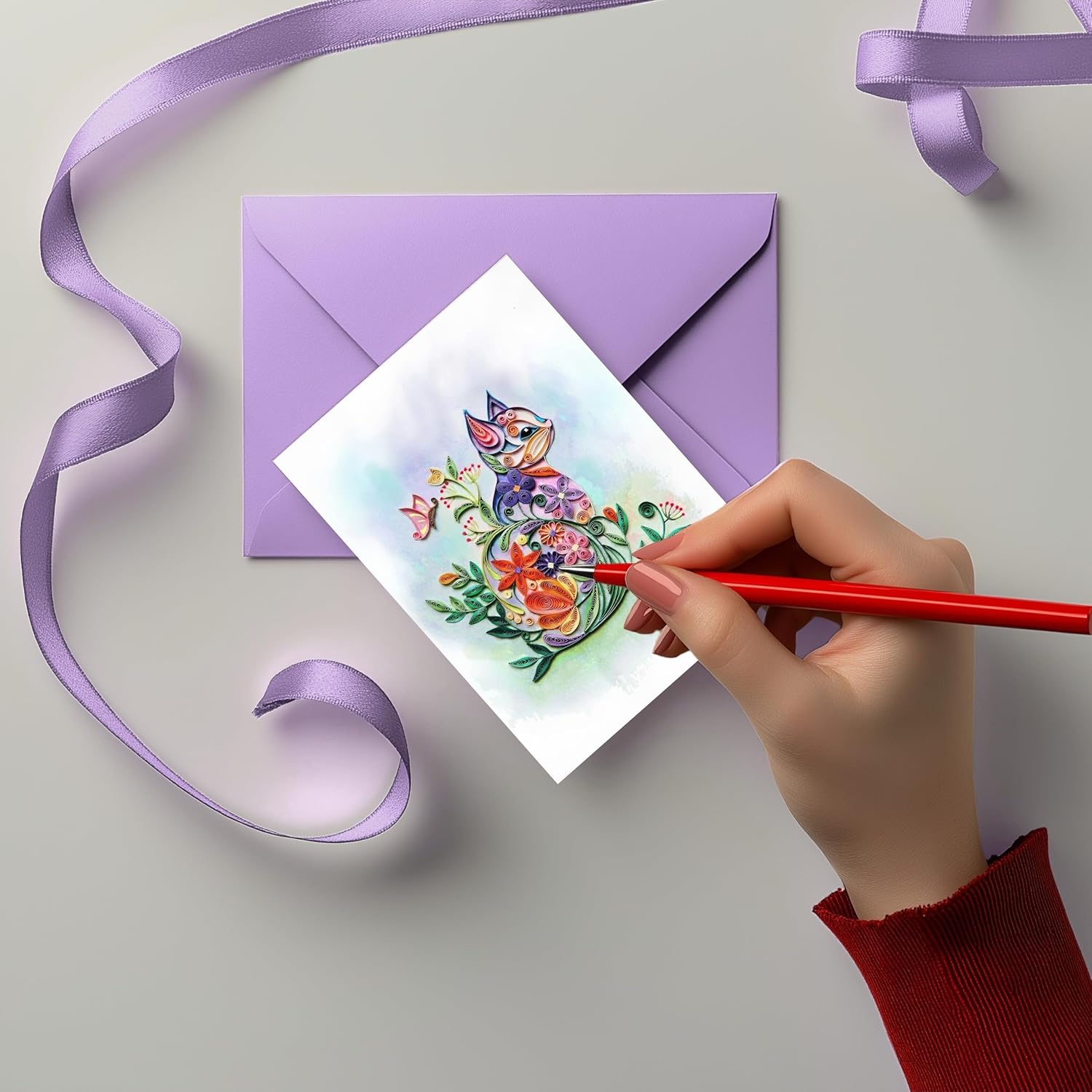 Mother Day Card, Cute Cat, Flower Birthday Quilling Card For All Occasions, Watercolor Classy Cards For Mom, Women, Wife, Daughter (Cat Flowers)