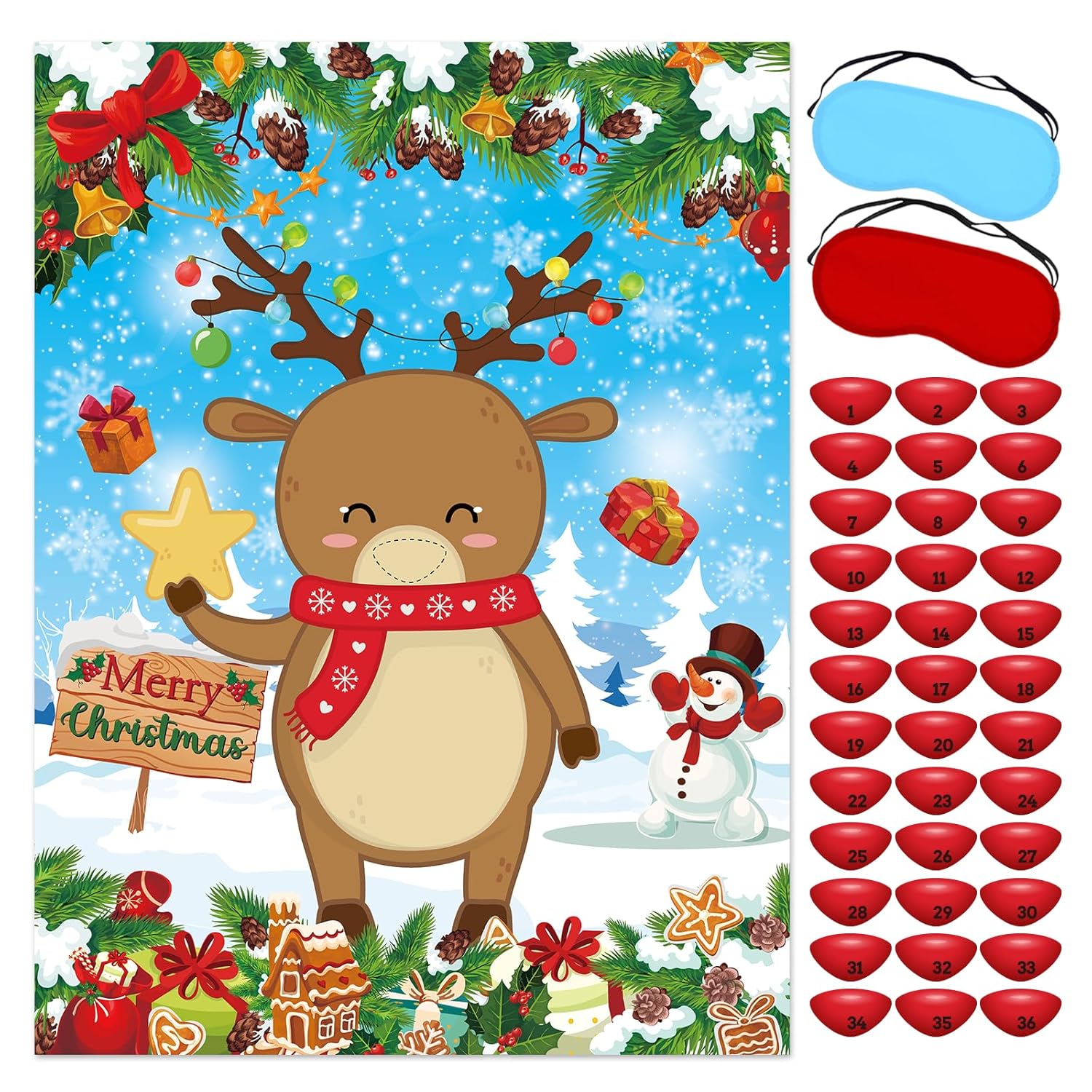 Pin The Nose On The Reindeer Christmas Party Games, Christmas Activities Include Large Poster With Blindfold 36Pcs Nose Stickers For Xmas Holiday Favors Birthday Party Supplies