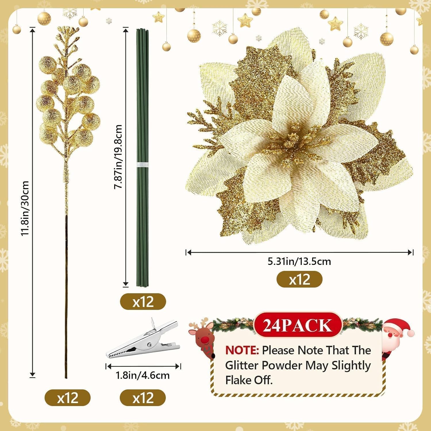 24Pcs Gold Poinsettia Flowers Artificial With Clips And Stems, Glitter Berry Stems For Christmas Tree Picks And Sprays Decorations, Large Xmas Tree Filler Garland Ornaments