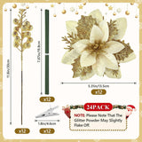 24Pcs Gold Poinsettia Flowers Artificial With Clips And Stems, Glitter Berry Stems For Christmas Tree Picks And Sprays Decorations, Large Xmas Tree Filler Garland Ornaments