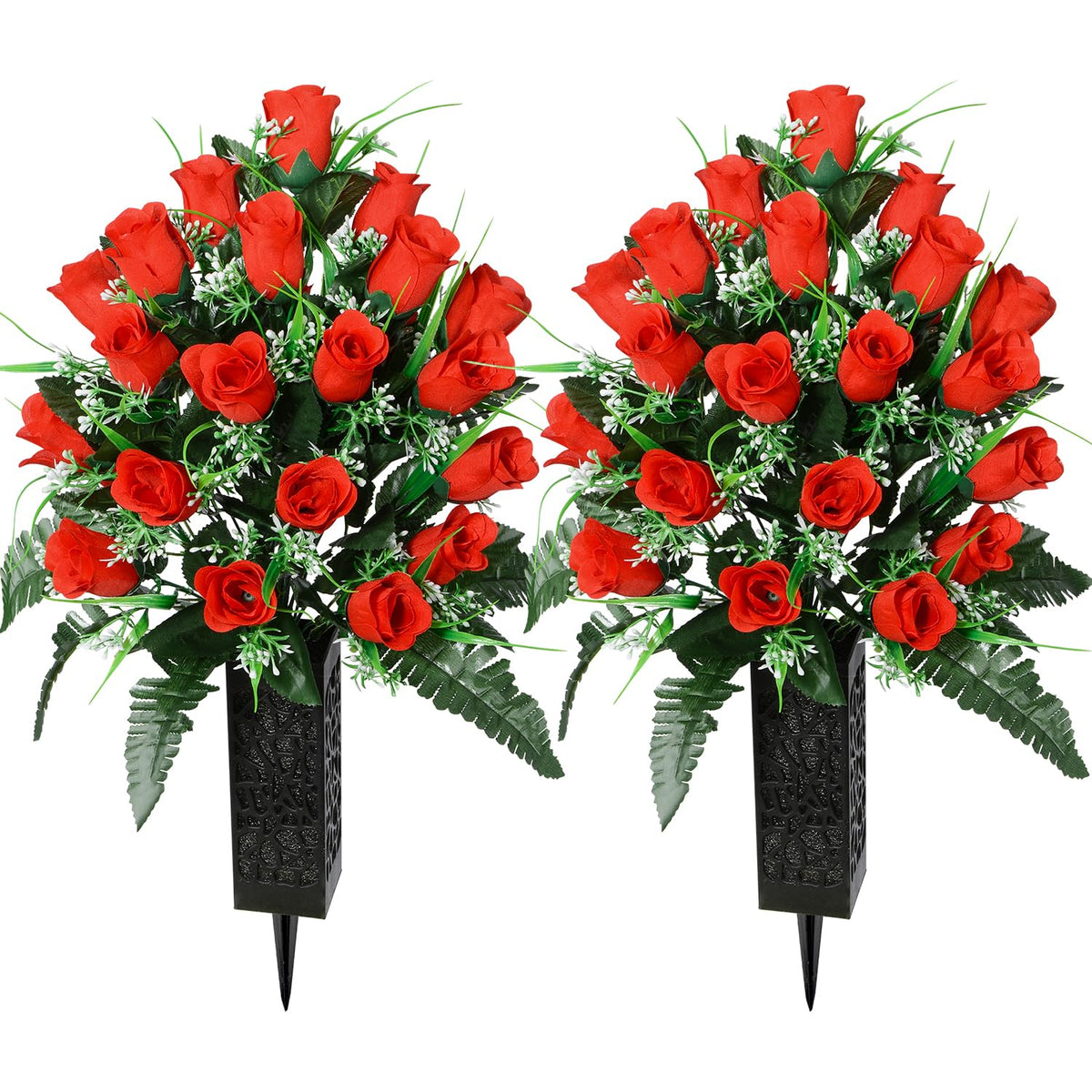 Artificial Cemetery Flowers For Grave, Artificial Rose Memorial Flowers With Vase For Cemetery Headstones Gravesites Decoration Long-Lasting Remembrance (Red)