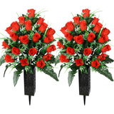 Artificial Cemetery Flowers For Grave, Artificial Rose Memorial Flowers With Vase For Cemetery Headstones Gravesites Decoration Long-Lasting Remembrance (Red)