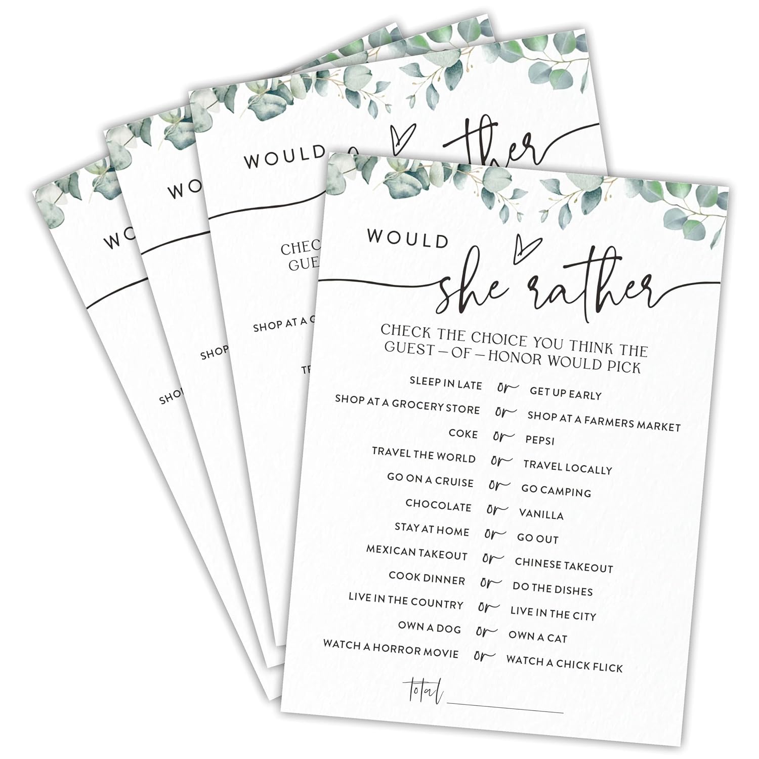 Would She Rather Bridal Shower Game - Greenery Eucalyptus - 30 Pcs Double-Sided Fill-In Wedding Game Cards For Newlyweds, Engagement Party Activities & Decorations -B01