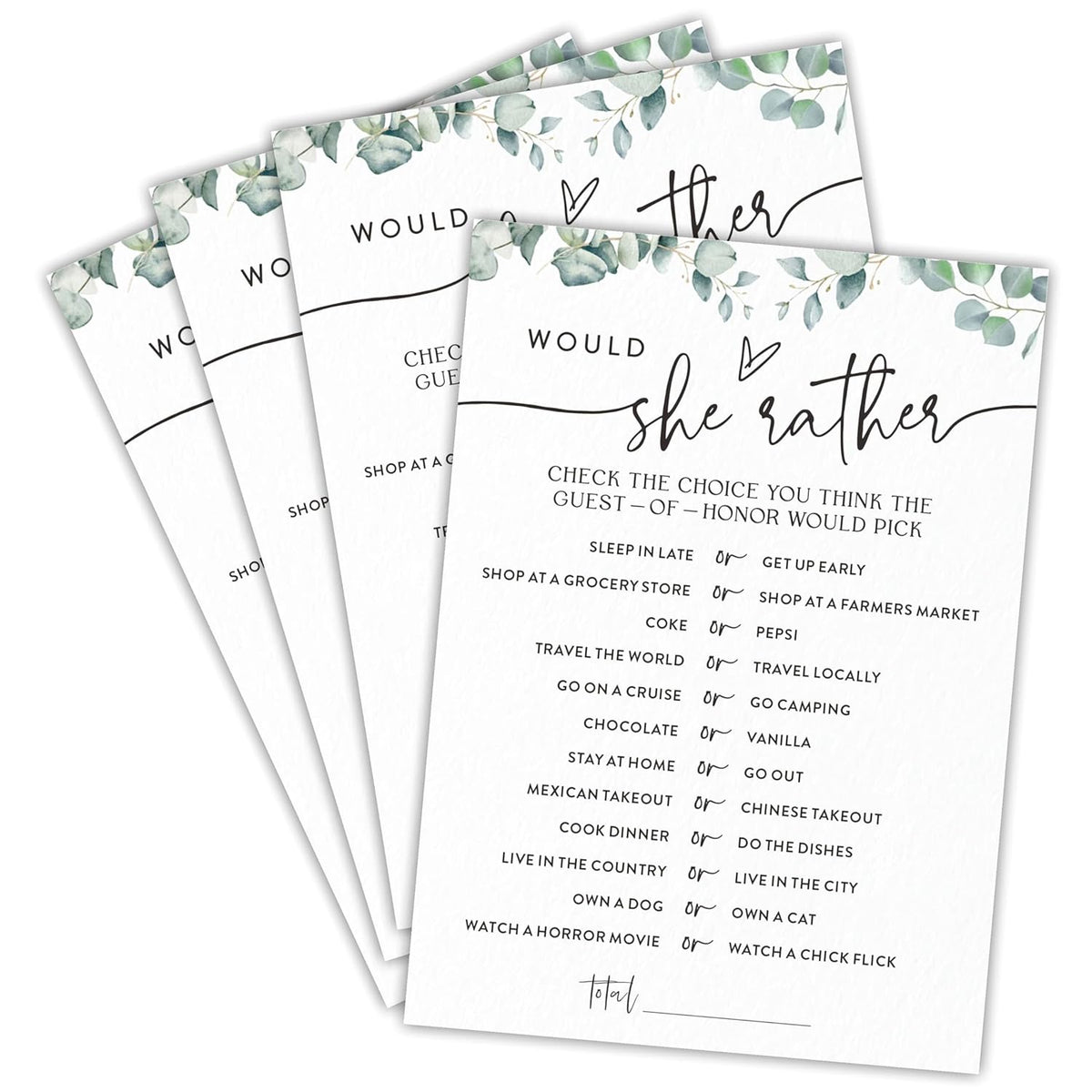 Would She Rather Bridal Shower Game - Greenery Eucalyptus - 30 Pcs Double-Sided Fill-In Wedding Game Cards For Newlyweds, Engagement Party Activities & Decorations -B01