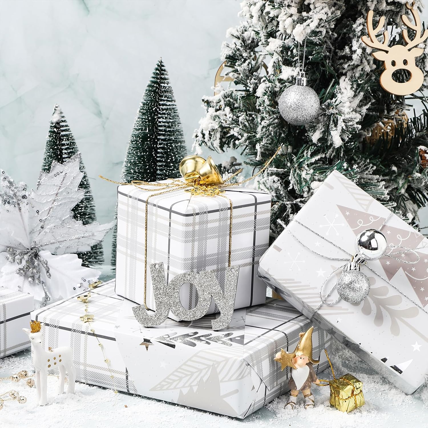 Christmas Silver Woodland Wrapping Paper Jumbo Roll, Christmas Tree Snowflakes Modern Plaid Grid Silver Foil Reversible Design For Festive Winter Holiday, Family Gathering,24 Inches X 100 Feet