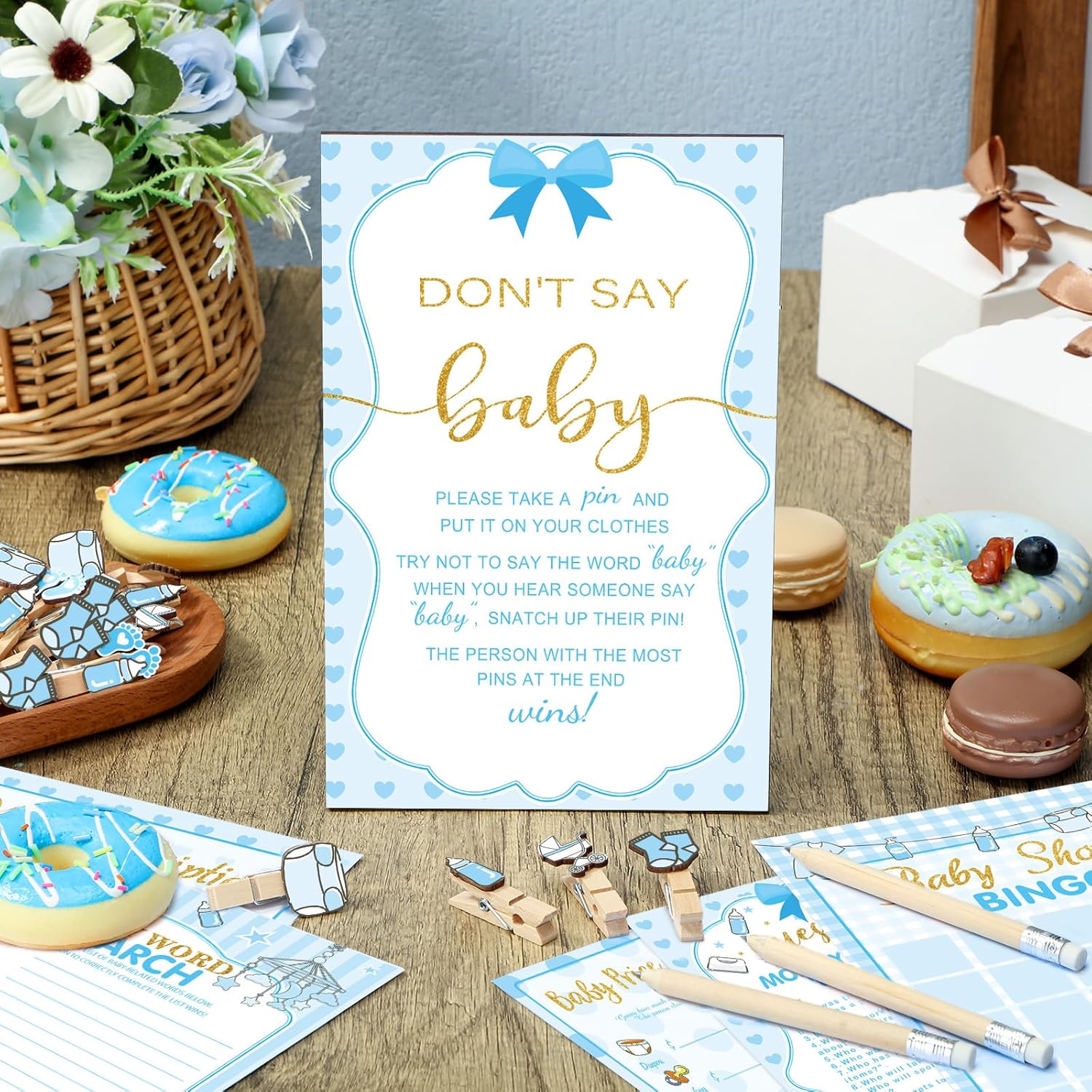 321 Pcs Boy Baby Shower Games Supplies 5 Sets Includes 50 Activities Cards, 20 Pencils, 1 Don'T Say Baby Sign 50 Clothespins For Price Is Right Scramble Prediction Bingo Games Party Decoration