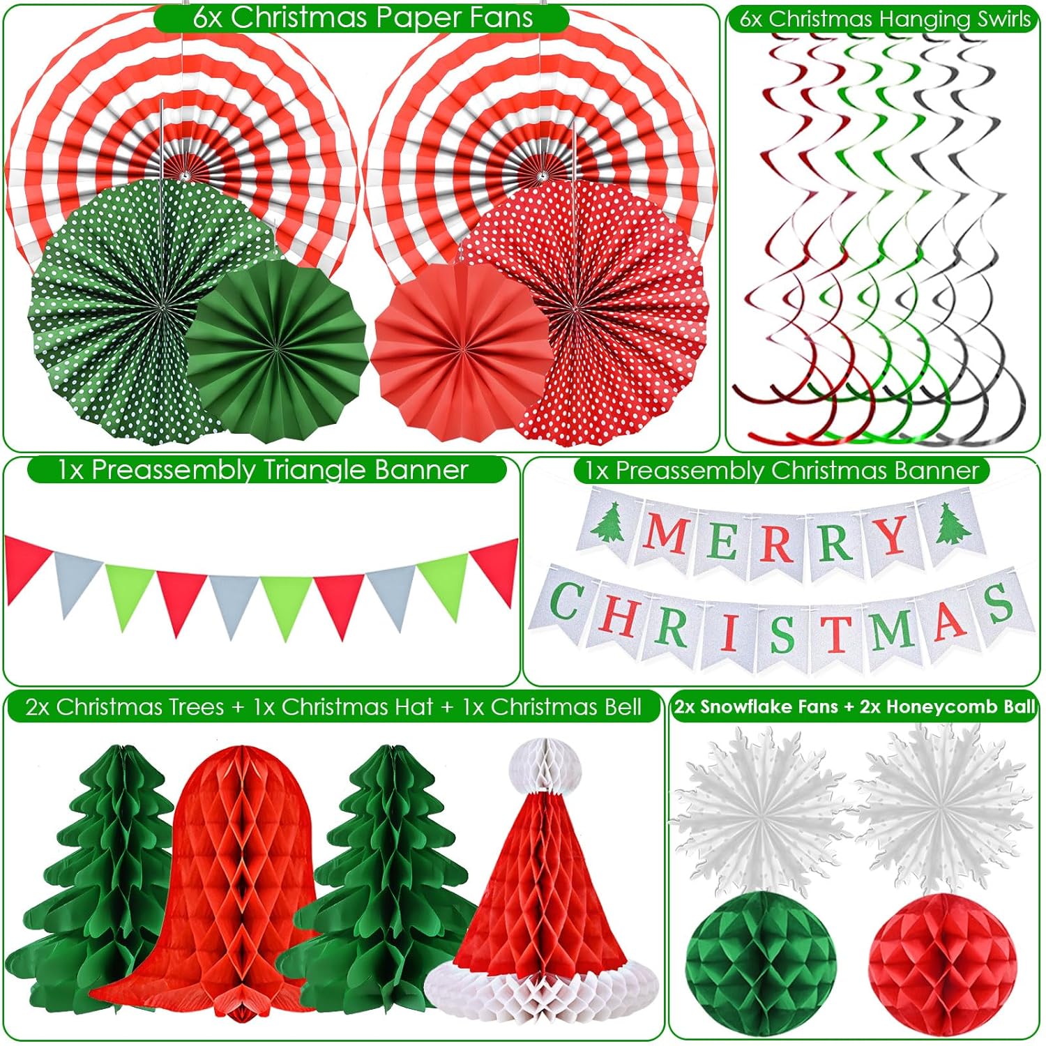 Christmas Party Decorations - Reusable Indoor Decor Kit With Merry Christmas Sign Banner, Pennant Banner & Hanging Paper Tissue Fan Tree Garland