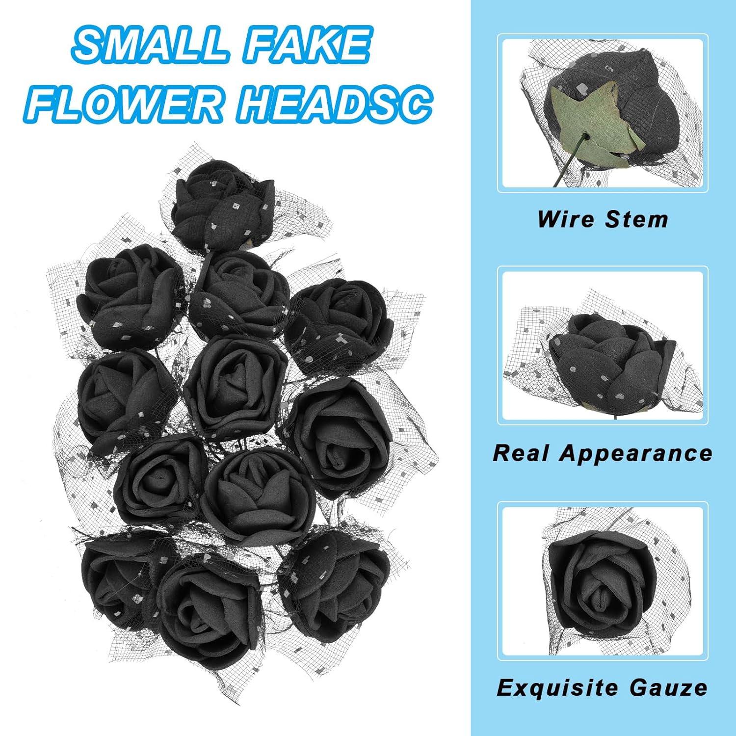 Mini Rose Artificial Flowers Heads 0.98 Inch, 144 Pcs Bulk Stem Foam Fake Roses With Gauze For Wedding Bouquet Boutonnieres Cake Crafts Home Party Decoration, Black