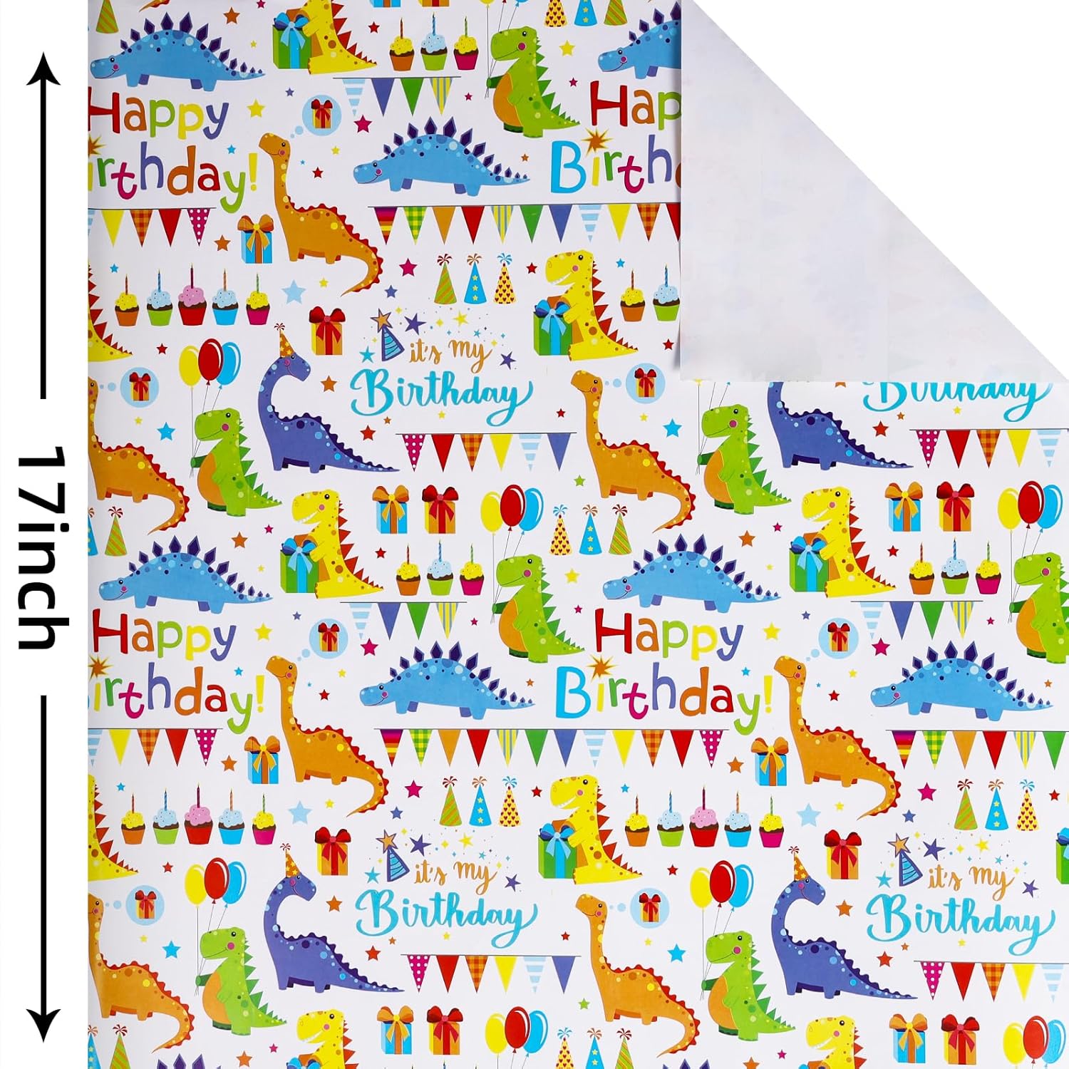 Dinosaurs Wrapping Paper Roll 17 Inch X 10 Ft Mini Roll Happy Birthday Wrapping Paper Rolls For Boys Girls Kids Cute Colorful Dino Gift Wrap Paper For Bday,Party,Holiday,Baby Showers,Christmas