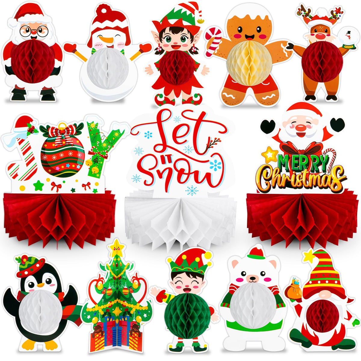 13Pcs Christmas Party Decorations, Christmas Honeycomb Centerpieces For Tables, Xmas 3D Table Decorations With Santa Claus Snowman For Merry Christmas Party Supplies Indoor Home Holiday Sign