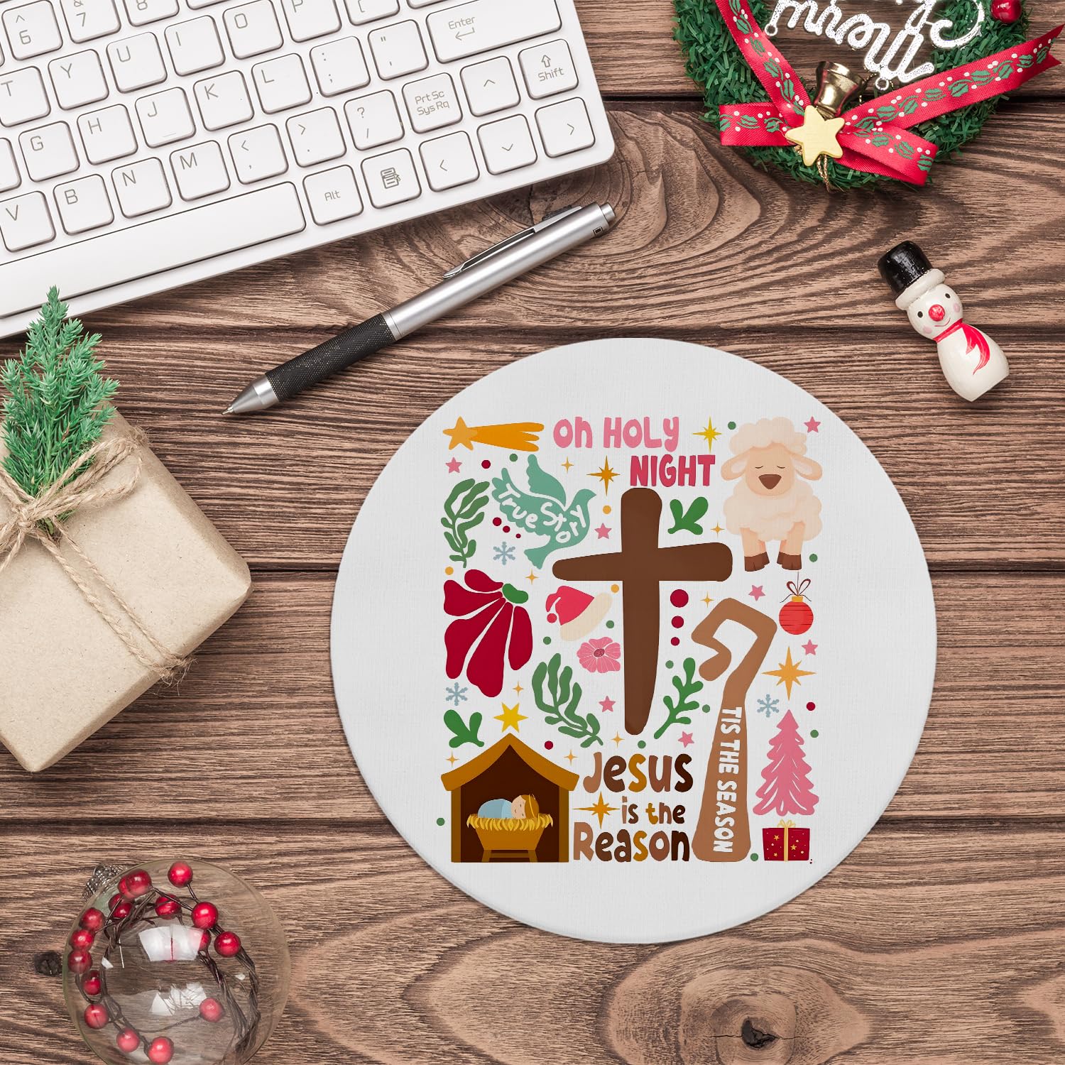 Christian Christmas Mouse Pad For Desk, O Holy Night Jesus Is The Reason Decor Mousepad For Desktop Home Office Dorm Computers Laptop, Religious Office Supplies Desk Accessories, 8.7X8.7 Inch