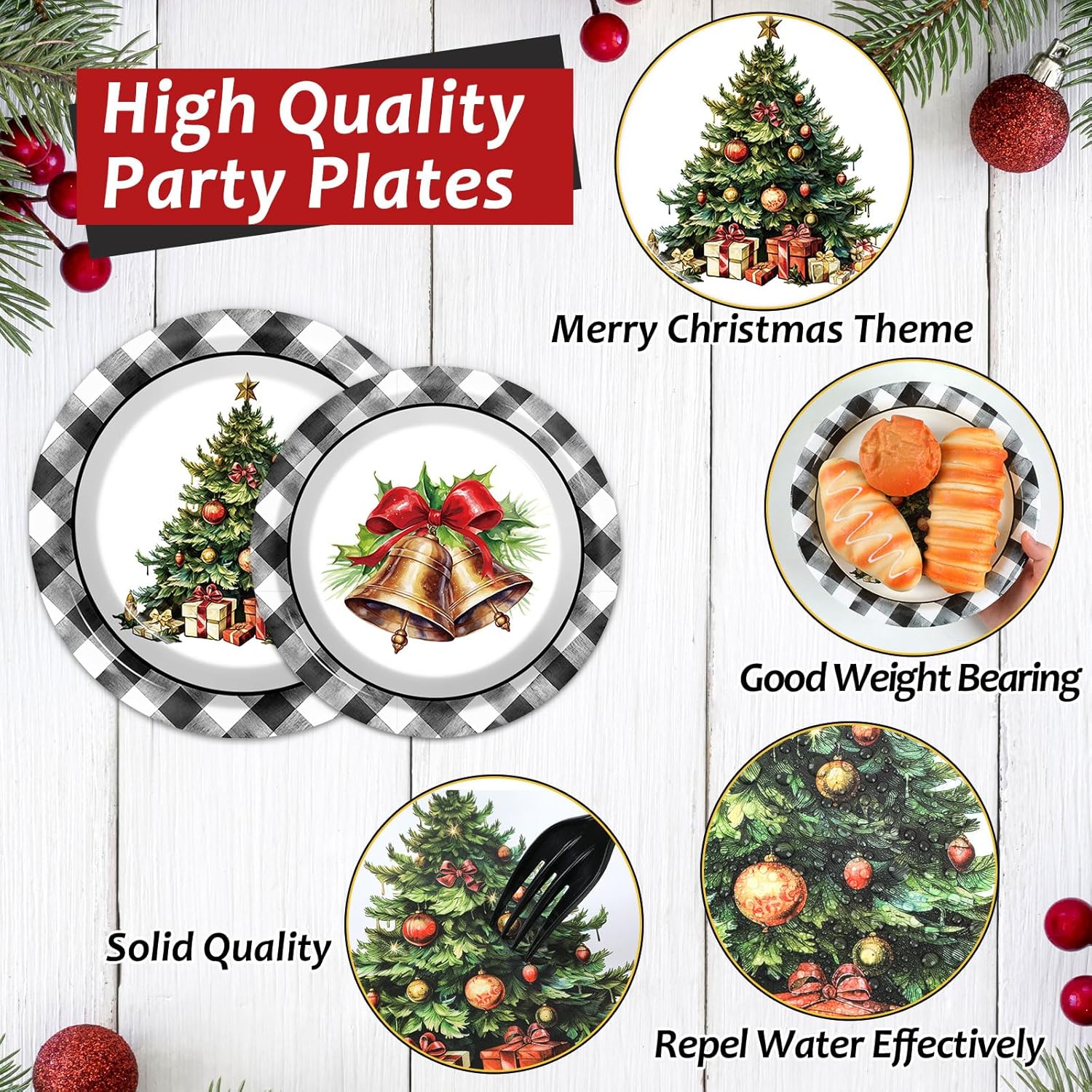 100Pcs Christmas Paper Plates And Napkins Set Black Buffalo Plaid Plates Christmas Party Supplies Xmas Tree Disposable Dinnerware Tableware Set For Holiday Winter Party Decoration Serve 25