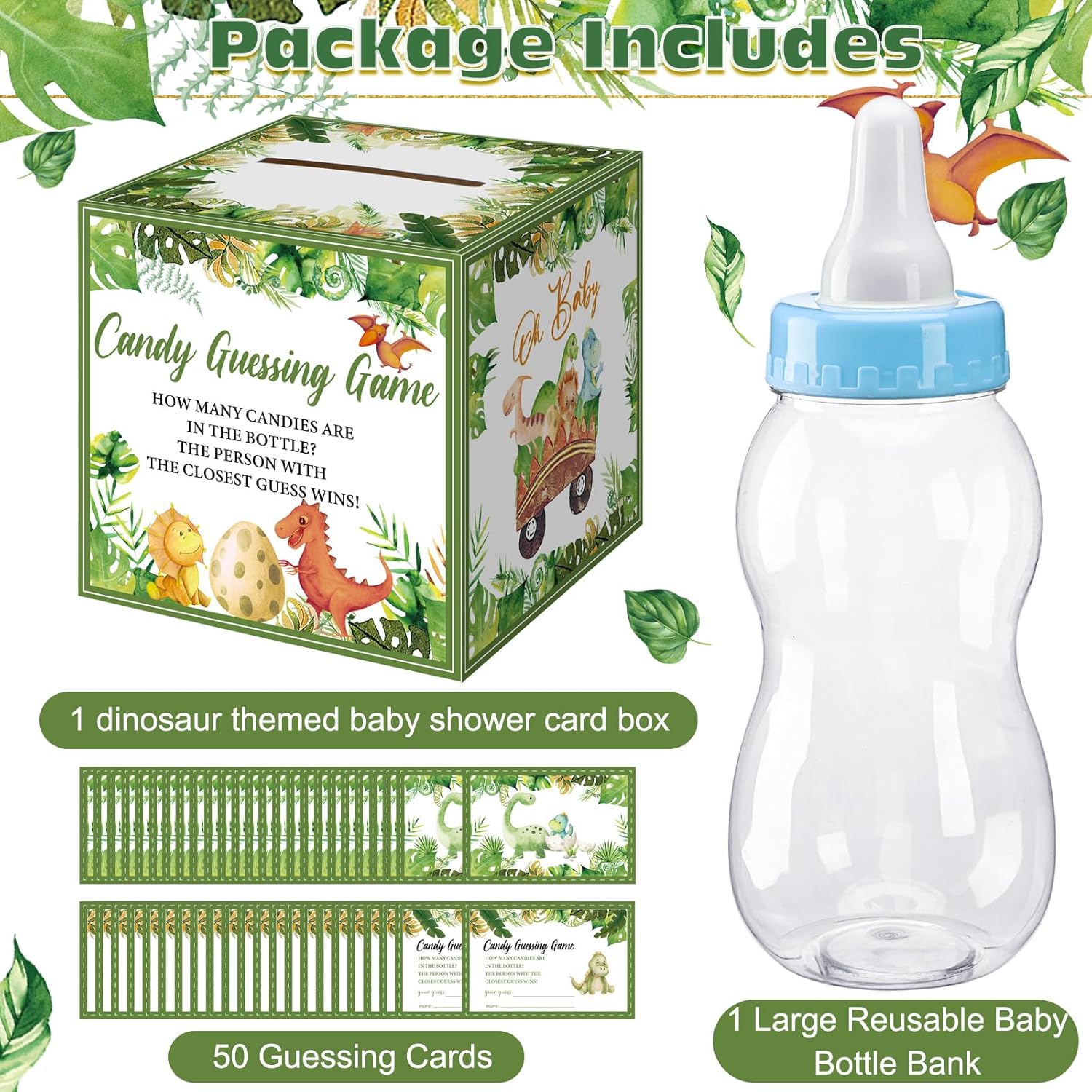 52 Pcs Baby Shower Games Gift Sets Large Baby Bottle For Shower Game Guess How Many Candies Baby Shower Decorations For Baby Shower Favors Games Gender Reveal(Dinosaur Style)