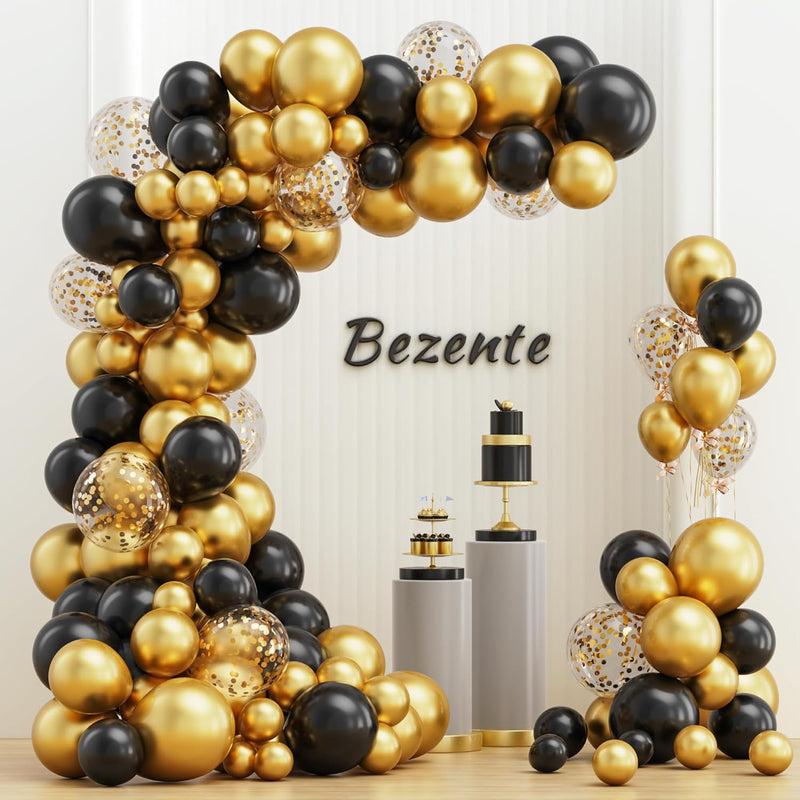 Black Gold Balloons Garland Kit, 100Pcs Black Gold Metallic Chrome And