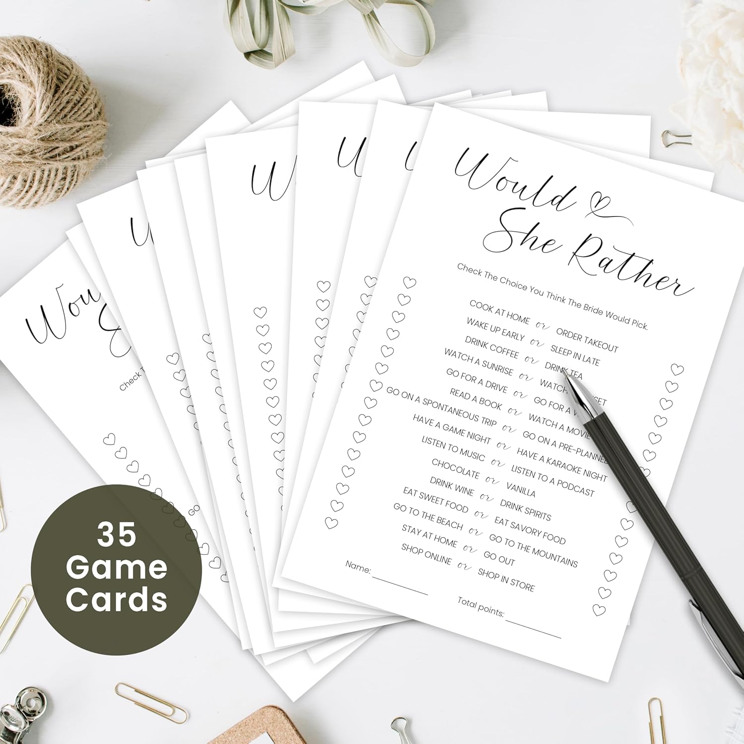 Would She Rather Bridal Shower Game Cards, 35 Pack, 4.7 X 6.7 Inches, Premium Card Stock, Minimalist Design