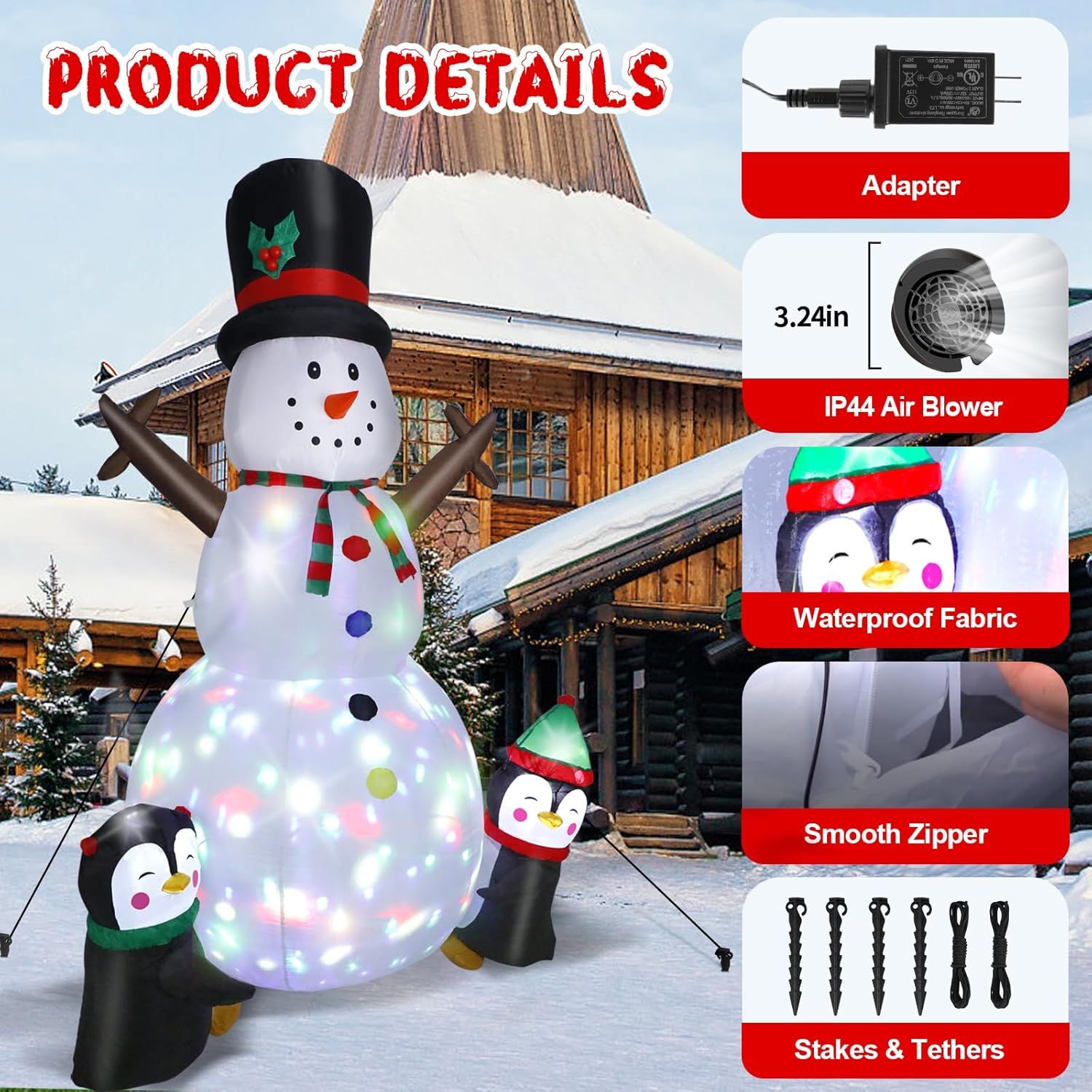 8Ft Christmas Inflatable Snowman Outdoor Decorations, Christmas Blow Up Snowman With Two Penguins Decoration, Built-In C