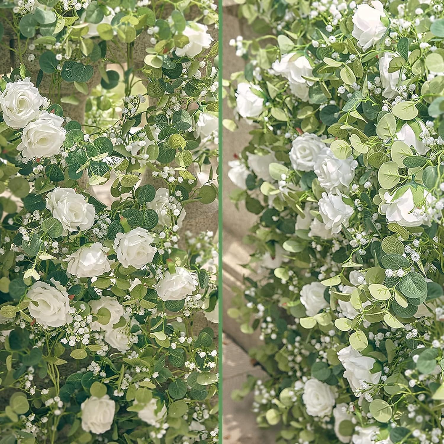 5.91Ft Artificial Eucalyptus Garland With Flowers, Fake Flower Rose Gypsophila, Faux Floral Greenery Garland For Wedding Spring Home Party Craft Art Table Runner Decor