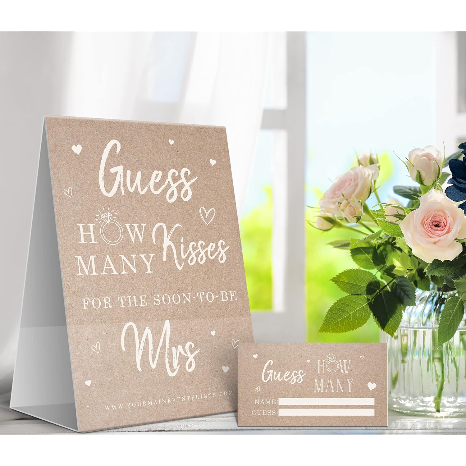 Guess How Many Kisses Game For Bridal Shower – Kraft Rustic Bridal Shower Game For The Bride – Includes 1 Self-Standing 5X7 Sign And 50 Guessing Cards – Wedding Shower Party Game For Guests