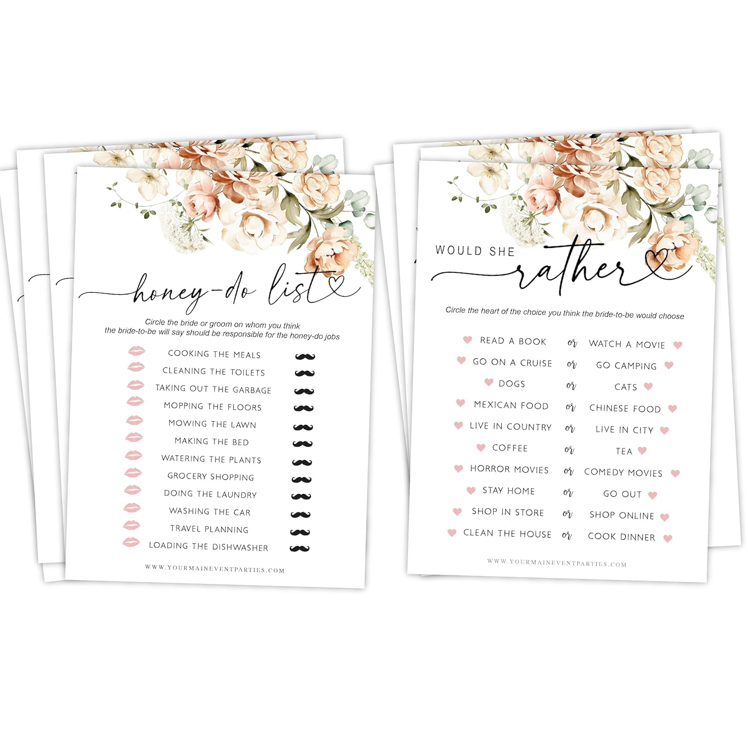 50 Pack Of Bridal Shower Games, Honey-Do-List And Would She Rather Floral Modern Minimalistic Design.