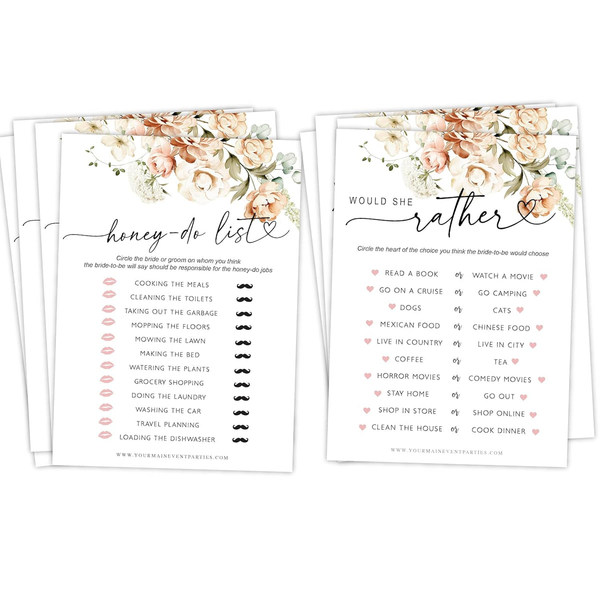 50 Pack Of Bridal Shower Games, Honey-Do-List And Would She Rather Floral Modern Minimalistic Design.