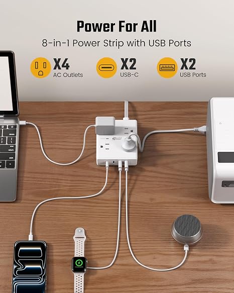 Surge Protector Power Strip 4 Outlets 4 USB Ports 2 USB C 10FT Flat Extension Cord White