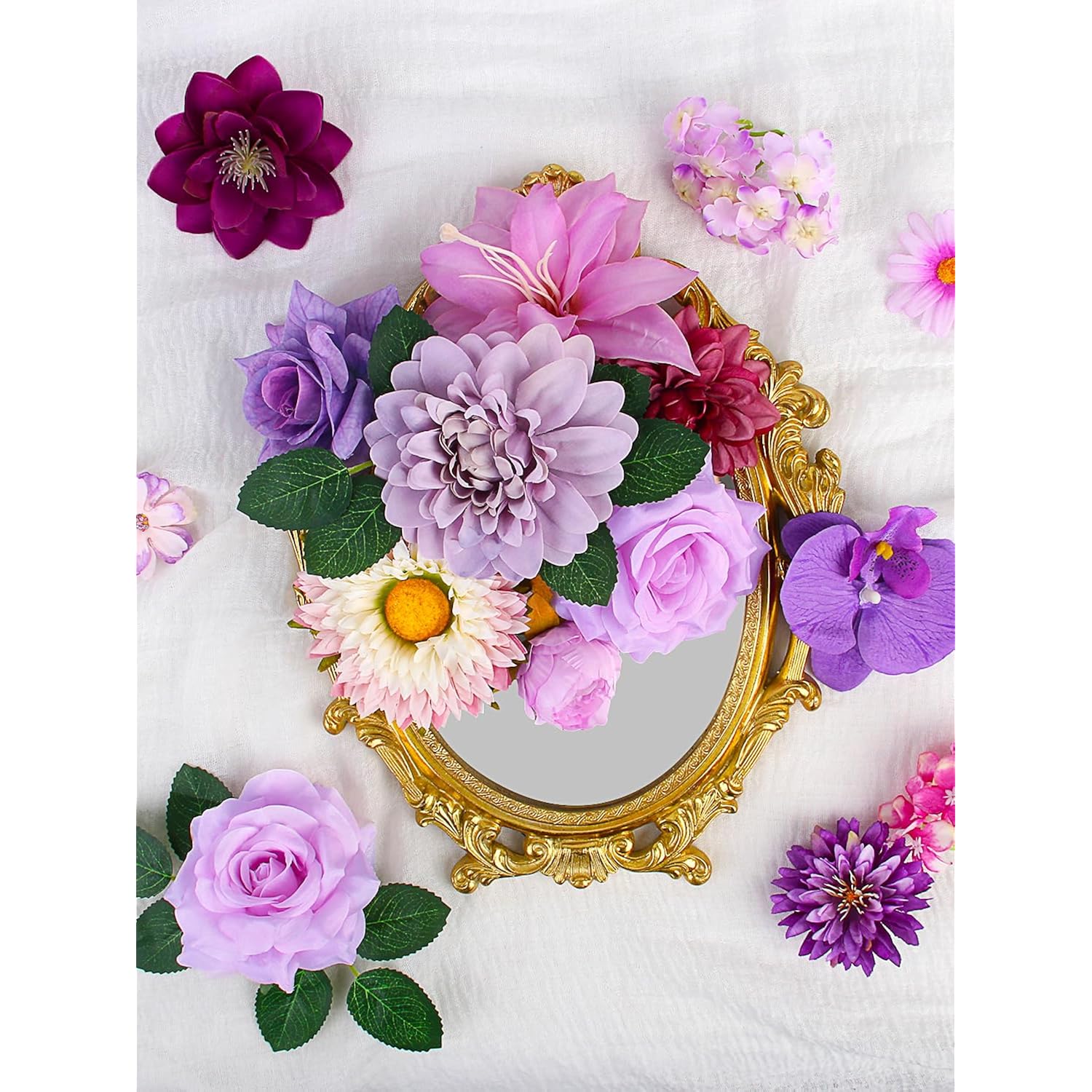 Artificial Purple Lavender Flowers Combo Bouquets Mix Silk Flowers Dahlia Roses For Diy Bridal Wedding Bouquets, Baby Shower Decorations Fake Floral Arrangements Table Centerpieces Home Decor