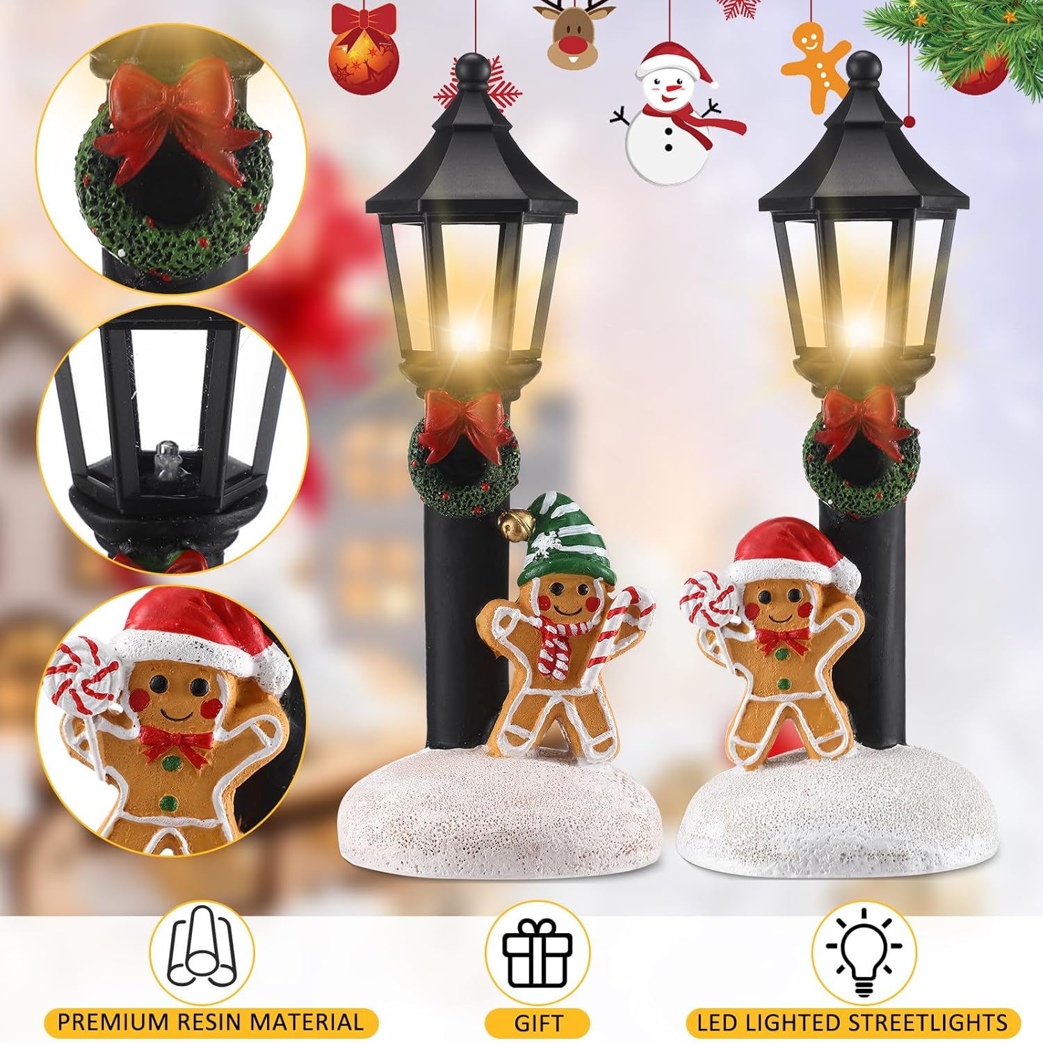 2 Pcs Christmas Lighted Table Decor 10" Resin Figurine Table Centerpiece With Light Up Streetlights Battery Operated Xmas Mini Street Statue Glow For Home Fireplace Shelf(Black Streetlight)