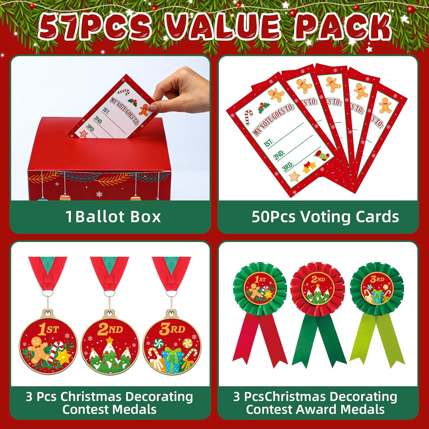 57 Pcs Christmas Decorating Contest Kit Includes 1 Voting Box 50 Ballot Cards 3 Christmas Decorating Ribbons And 3 Award Medals For Xmas Holiday Party Trophy Supplies