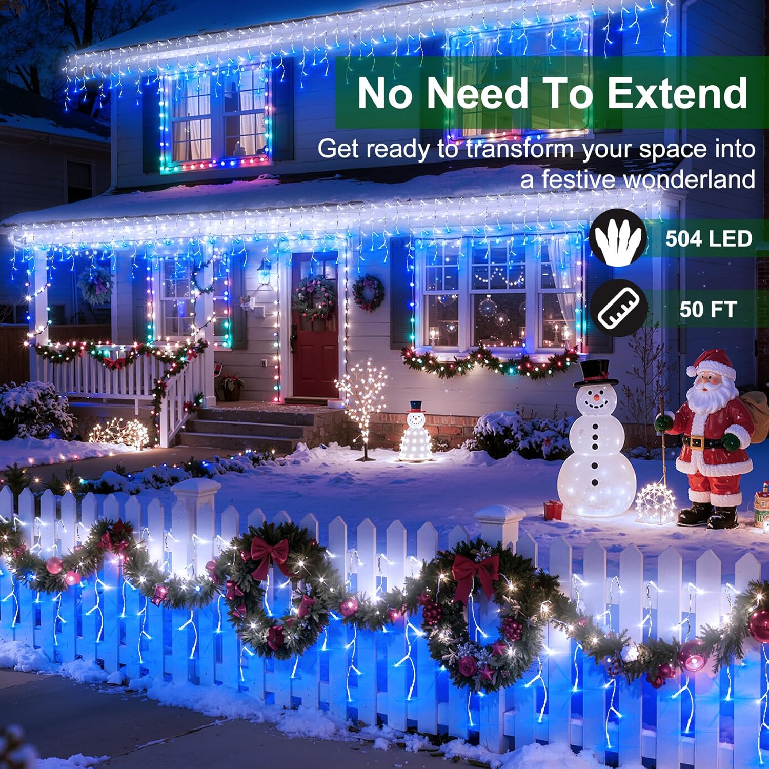 504 Led Christmas Lights With 112 Drops, 50Ft 12 Modes Blue And White Fairy String Lights With Timer Dimmable, Waterproo