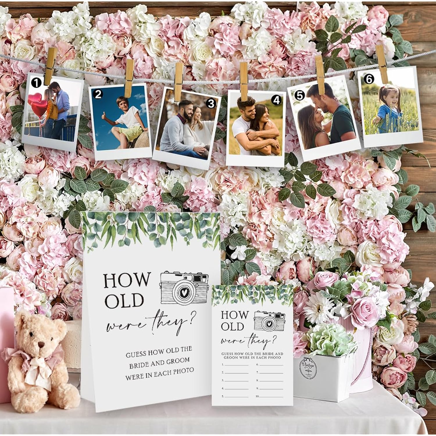 Greenery How Old Were The Bride And Groom Game, Guessing The Age Photo Game, Bridal Shower Wedding Shower Games (1 Sign And 30 Cards)-Bng12