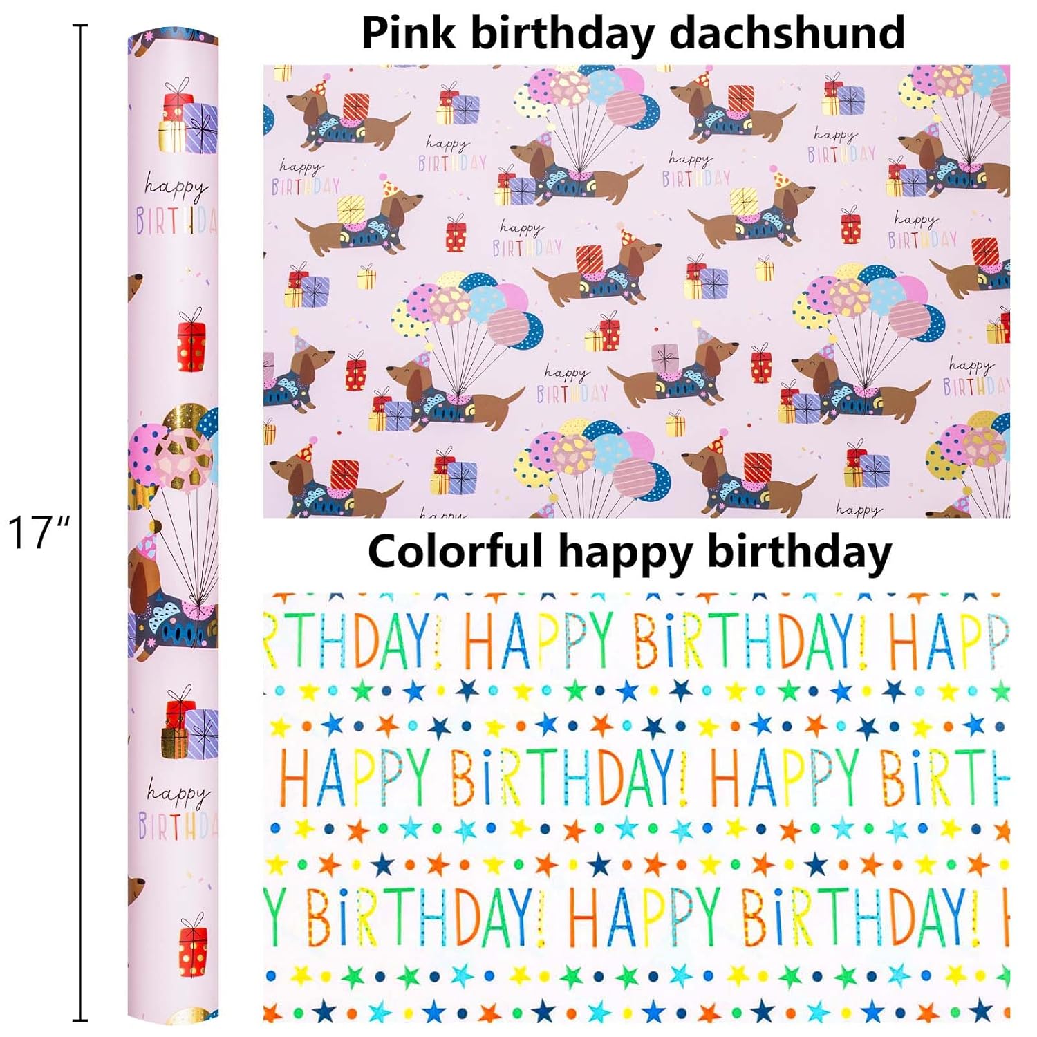 Birthday Dog Wrapping Paper, Reversible Color Happy Birthday Gift Wrap For Baby Shower, Valentines, Mothers Day, Graduation, Wedding, Fathers Day, Christmas (17In X 32.8Ft)