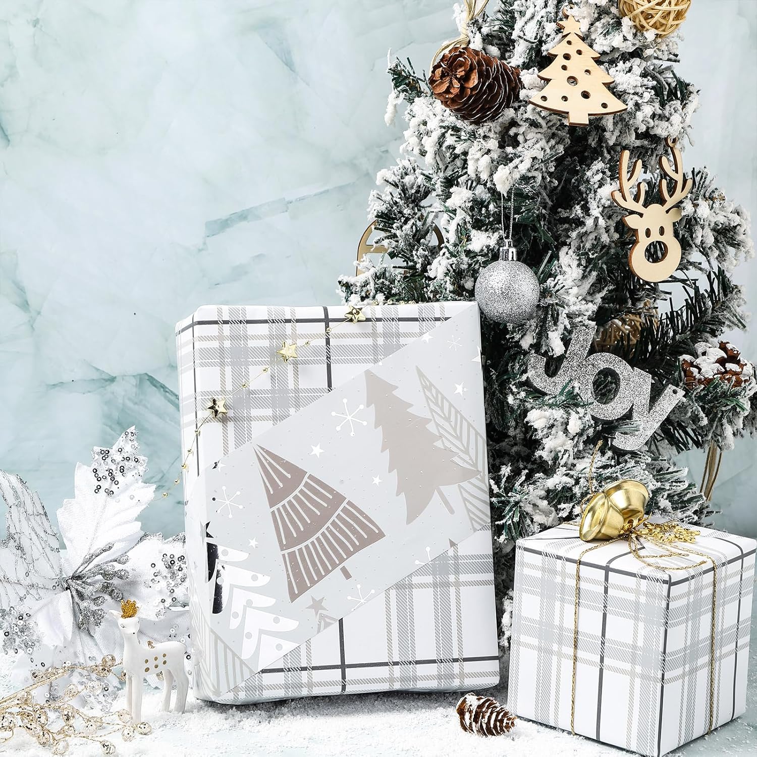 Christmas Silver Woodland Wrapping Paper Jumbo Roll, Christmas Tree Snowflakes Modern Plaid Grid Silver Foil Reversible Design For Festive Winter Holiday, Family Gathering,24 Inches X 100 Feet