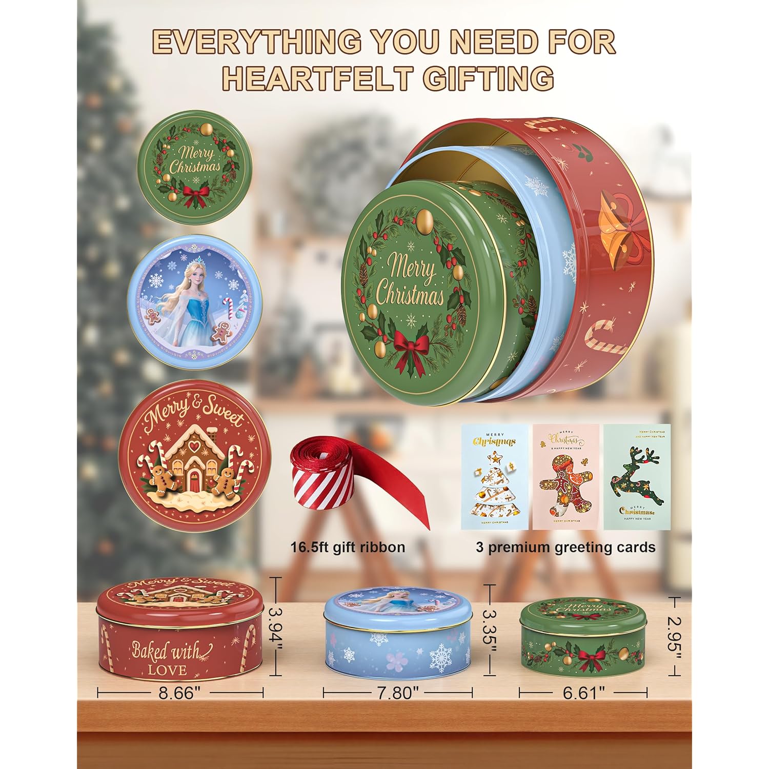 Christmas Cookie Tins With Lids, Set Of 3 Larger Holiday Containers For Homemade Cookies, Gifts, Treats, Reusable Round Metal Storage Boxes With 3 Premium Greeting Cards & 16.5Ft Ribbon