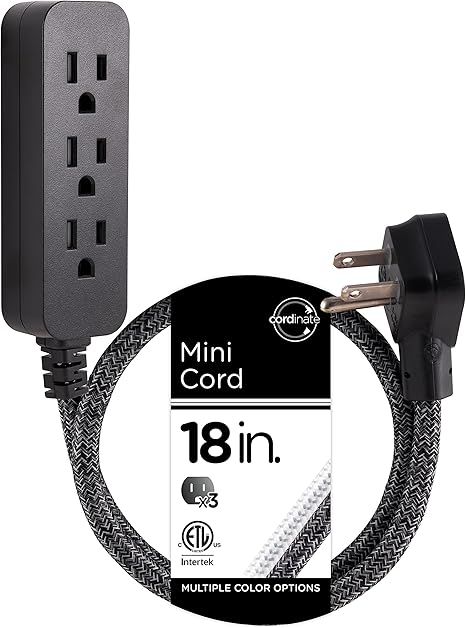 Mini Power Strip 3 Outlets 18 Inch Braided Extension Cord Compact Outlet Extender White